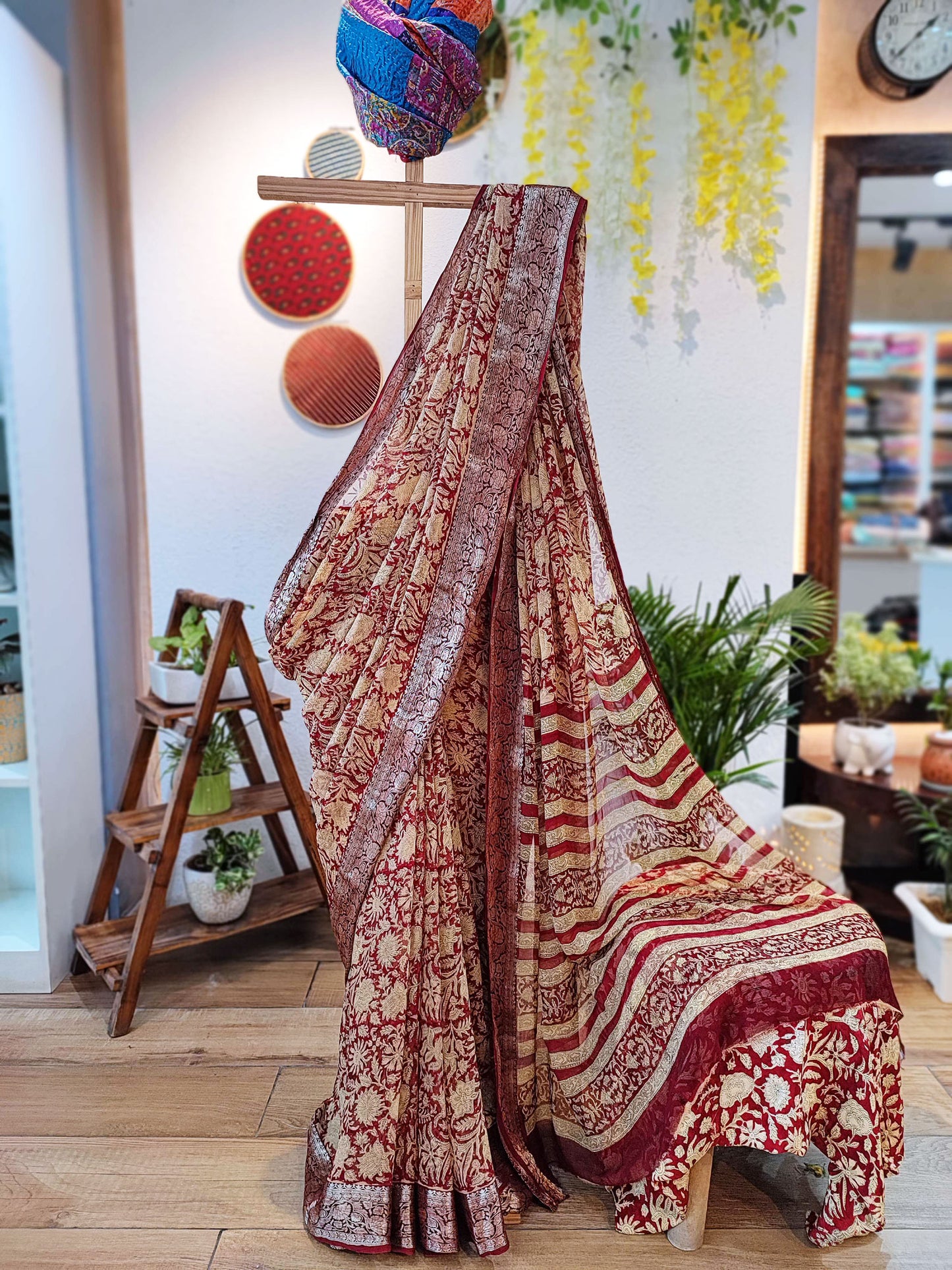 Red & Cream Chiffon Saree With Silver Border & Crape Blouse