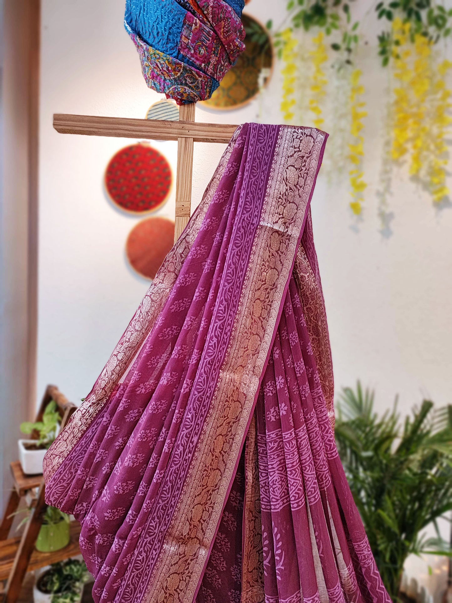 Magenta Chiffon Saree With Silver Border & Crape Blouse