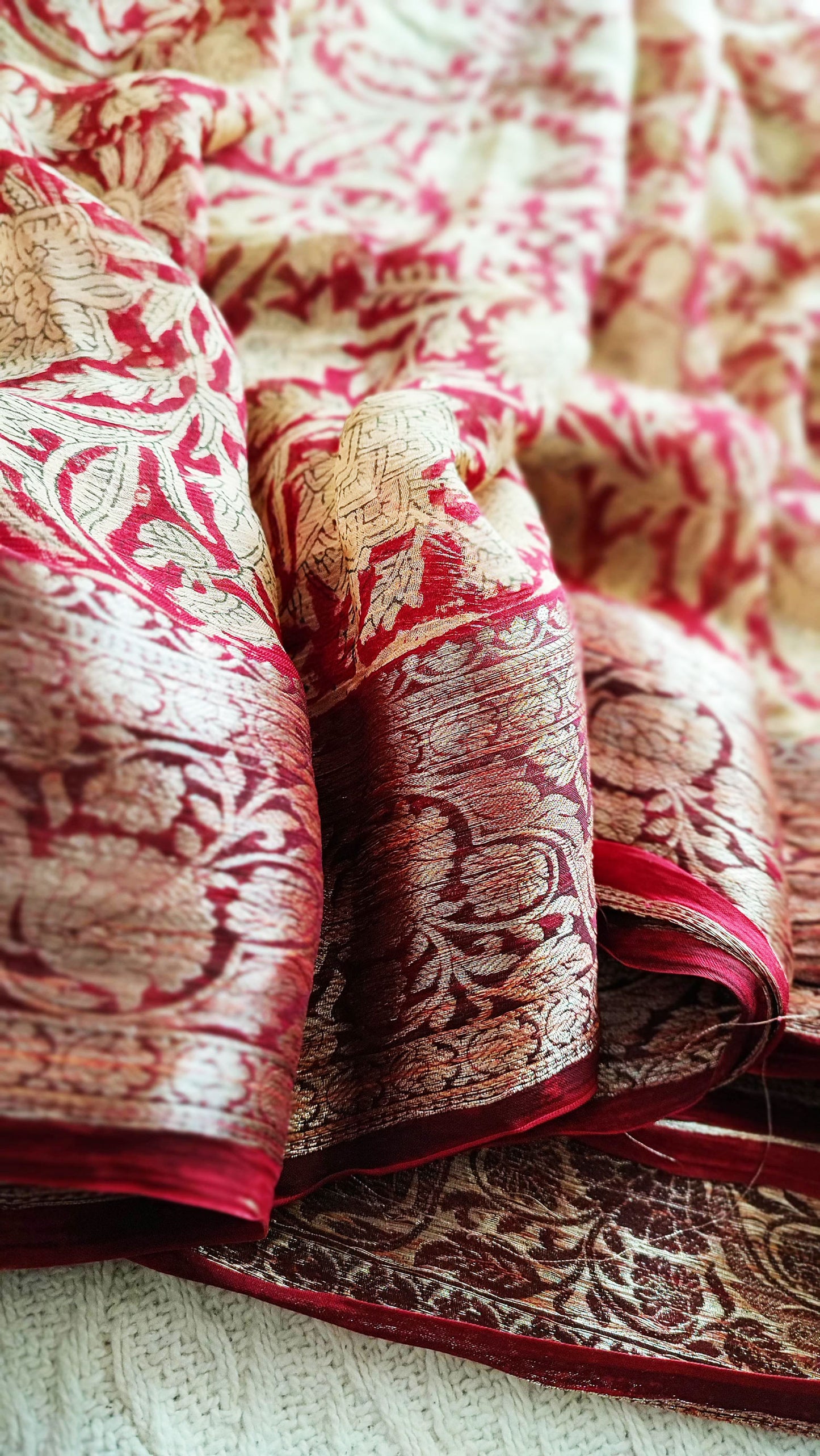 Red & Cream Chiffon Saree With Silver Border & Crape Blouse