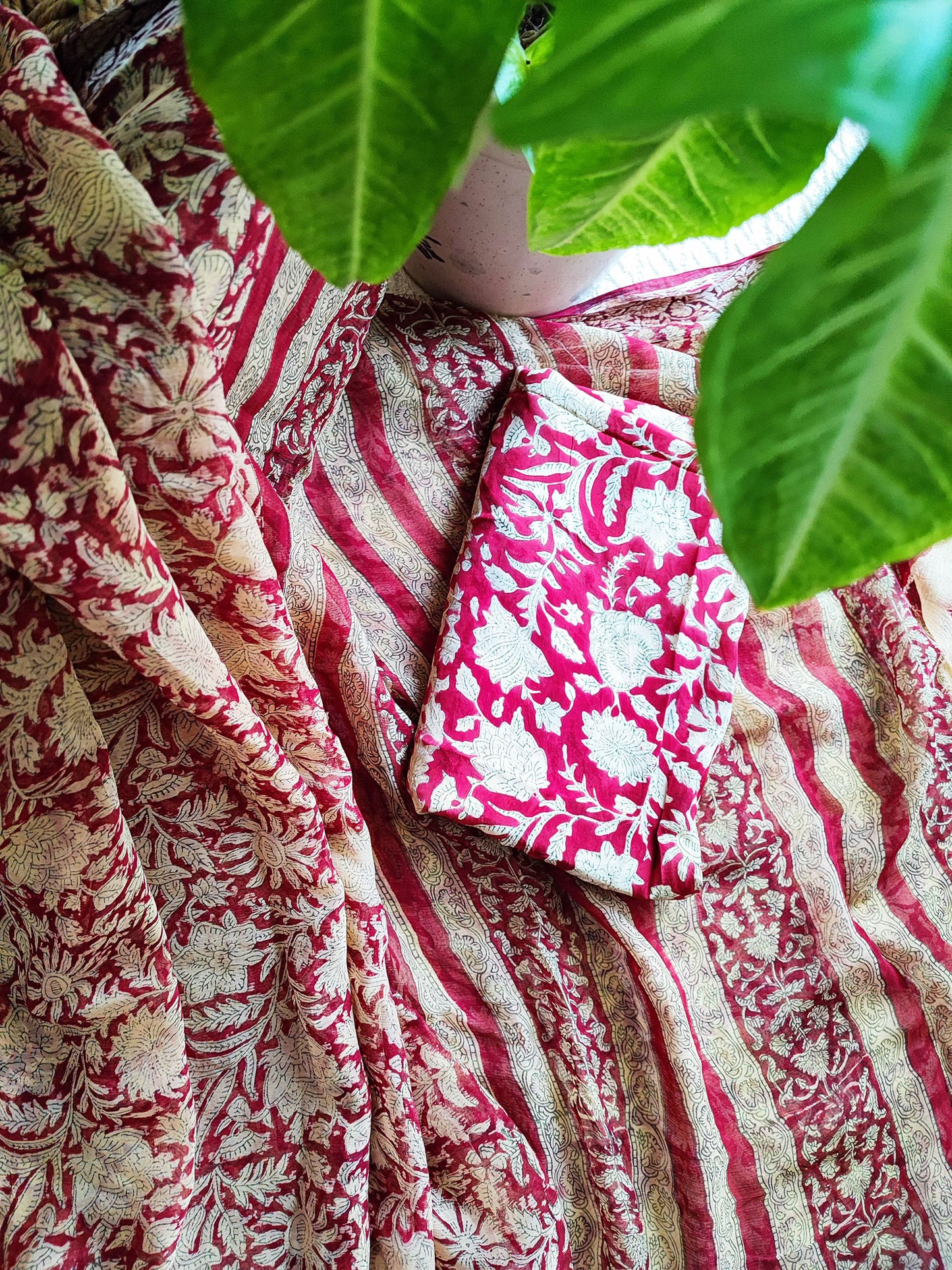 Red & Cream Chiffon Saree With Silver Border & Crape Blouse