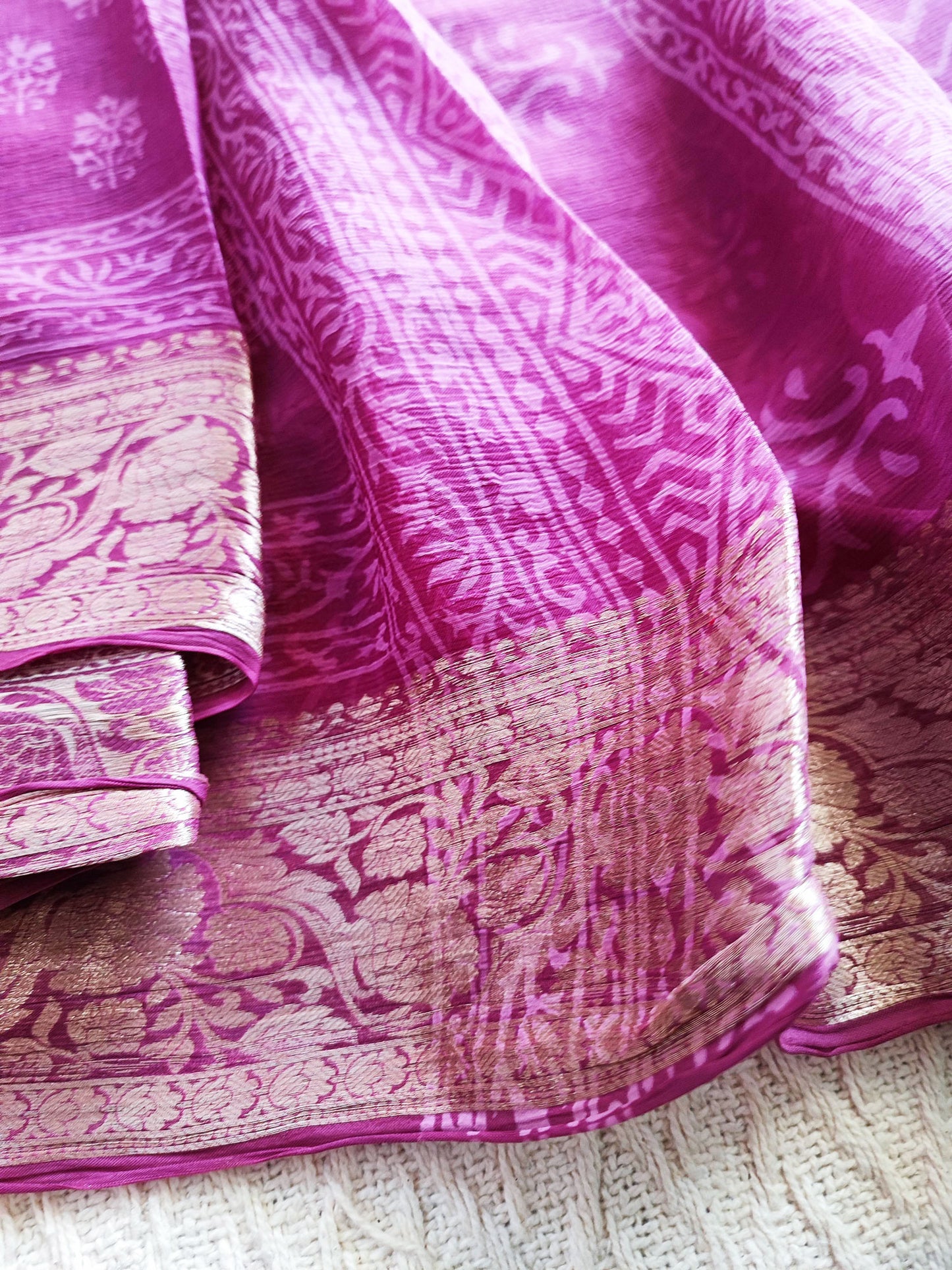 Magenta Chiffon Saree With Silver Border & Crape Blouse