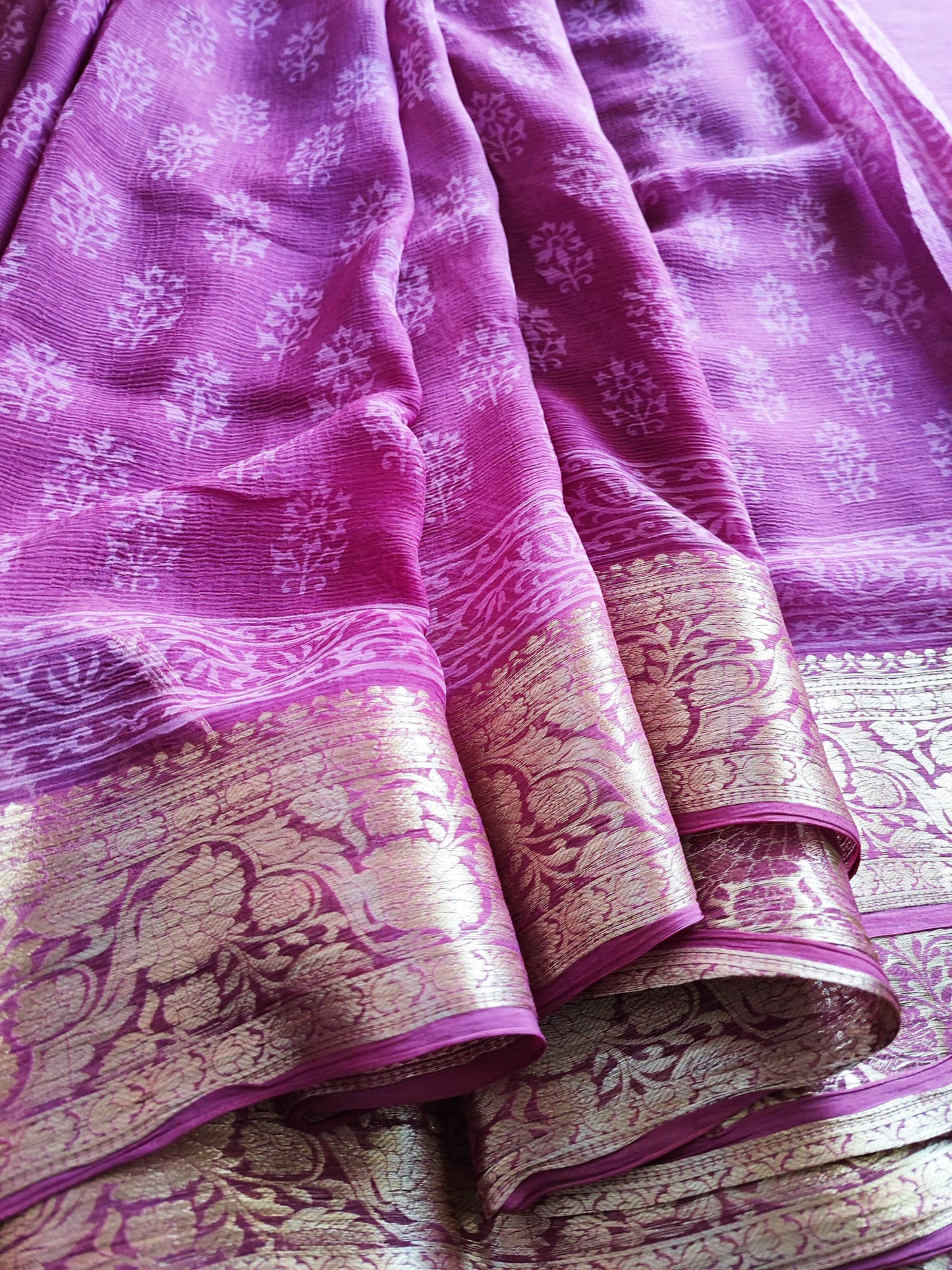 Magenta Chiffon Saree With Silver Border & Crape Blouse