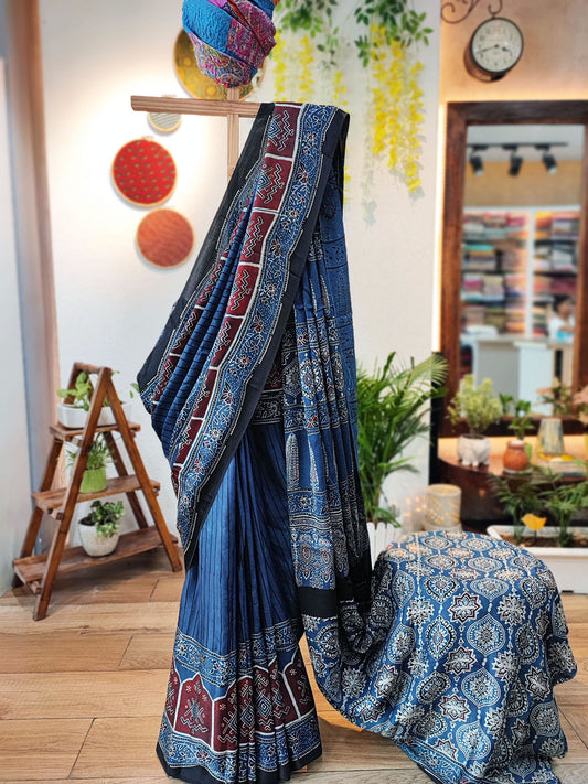 Lapis Blue Modal Handblock Printed Saree With Running Blouse