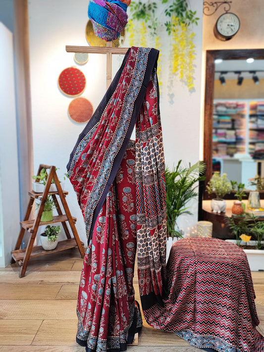 Apple Red & Sky Blue Modal Handblock Printed Saree