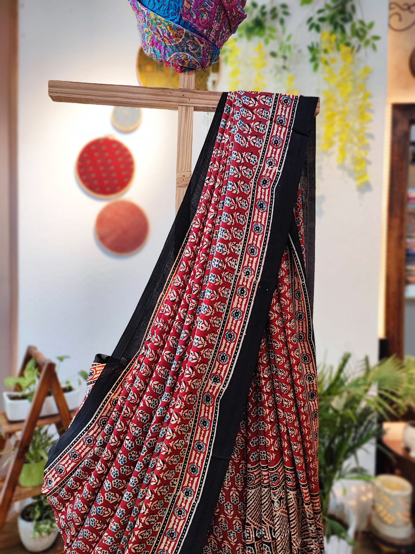 Red & Black Modal Handblock Printed Saree