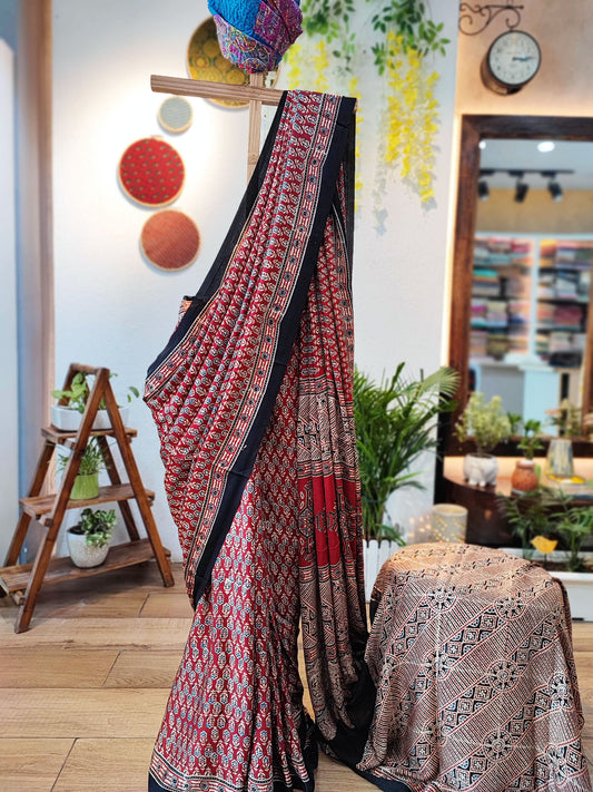 Red & Black Modal Handblock Printed Saree