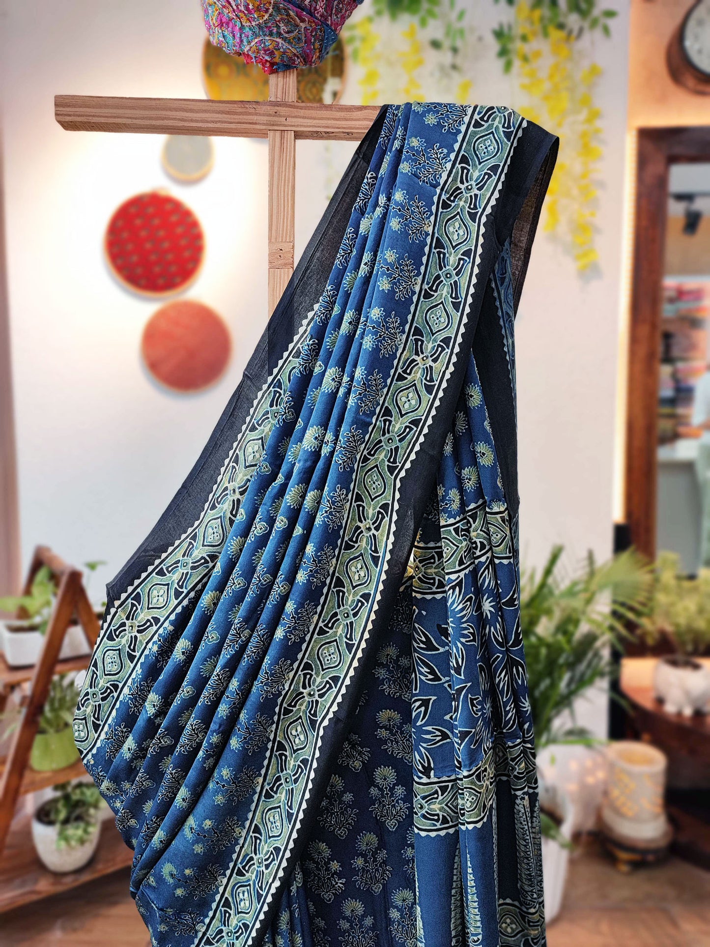 Yale Blue Pure Modal Handblock Printed Saree With Running Blouse