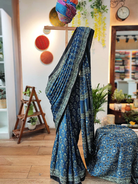 Yale Blue Modal Handblock Printed Saree With Running Blouse