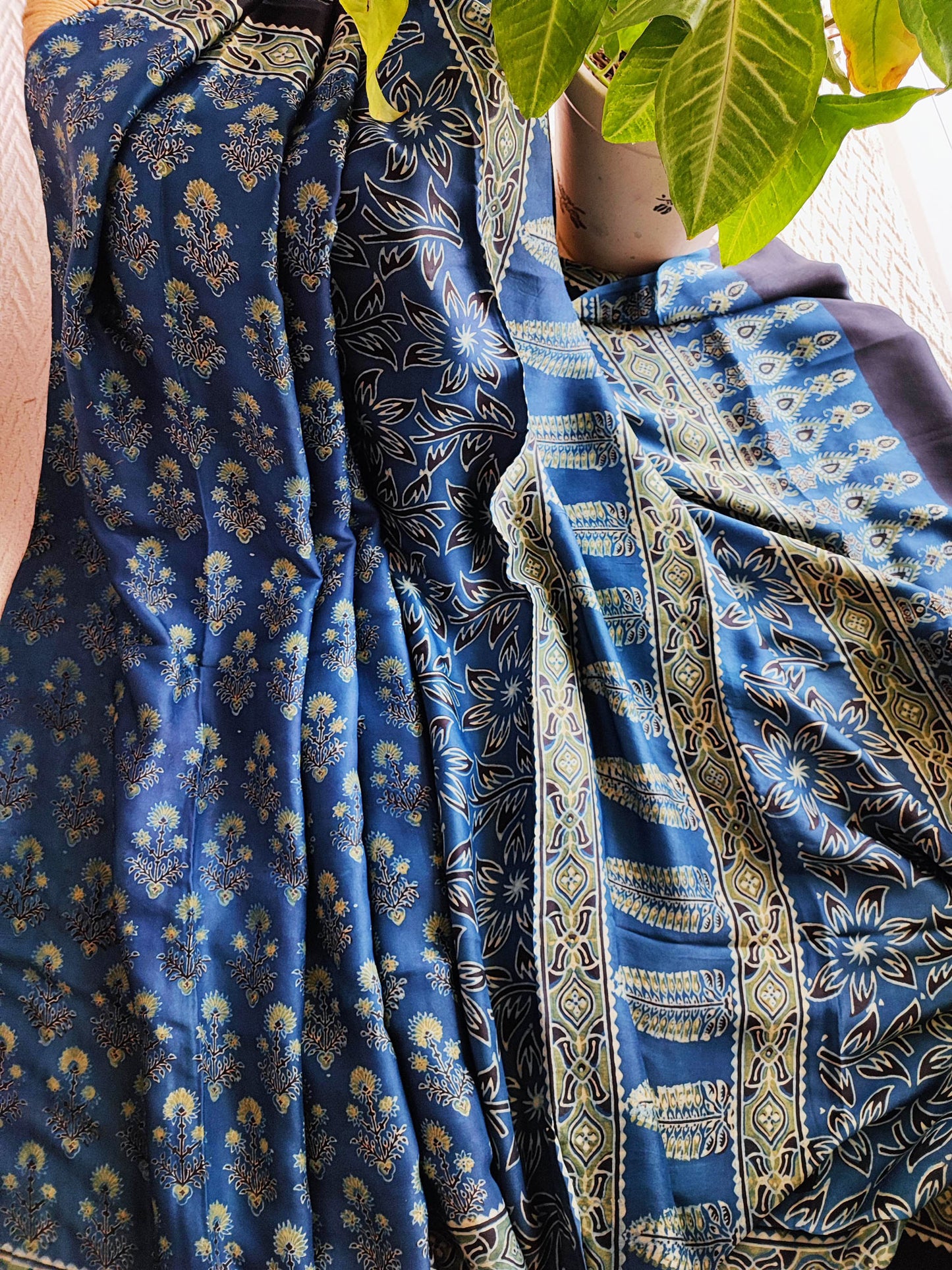 Yale Blue Pure Modal Handblock Printed Saree With Running Blouse