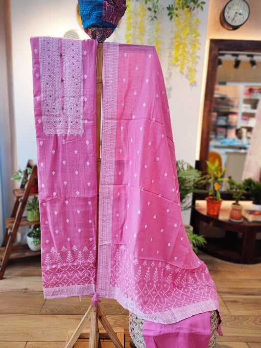 Pink Linen Chanderi Silk Suit Set with Jaamdani weaving