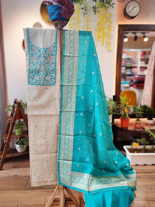 Beige And Blue Cotton Chanderi Silk Suit with Organza Dupatta