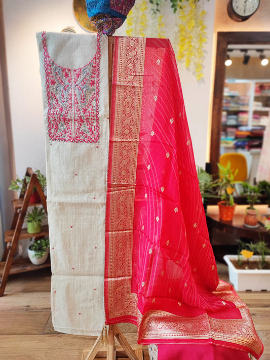 Beige And Pink Cotton Chanderi Silk Suit with Organza Dupatta