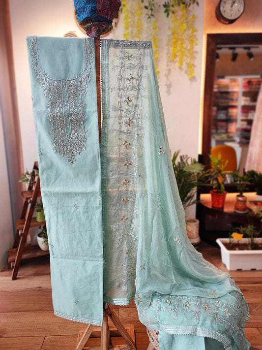 Pista Green Chanderisilk Suit with chiffon Dupatta