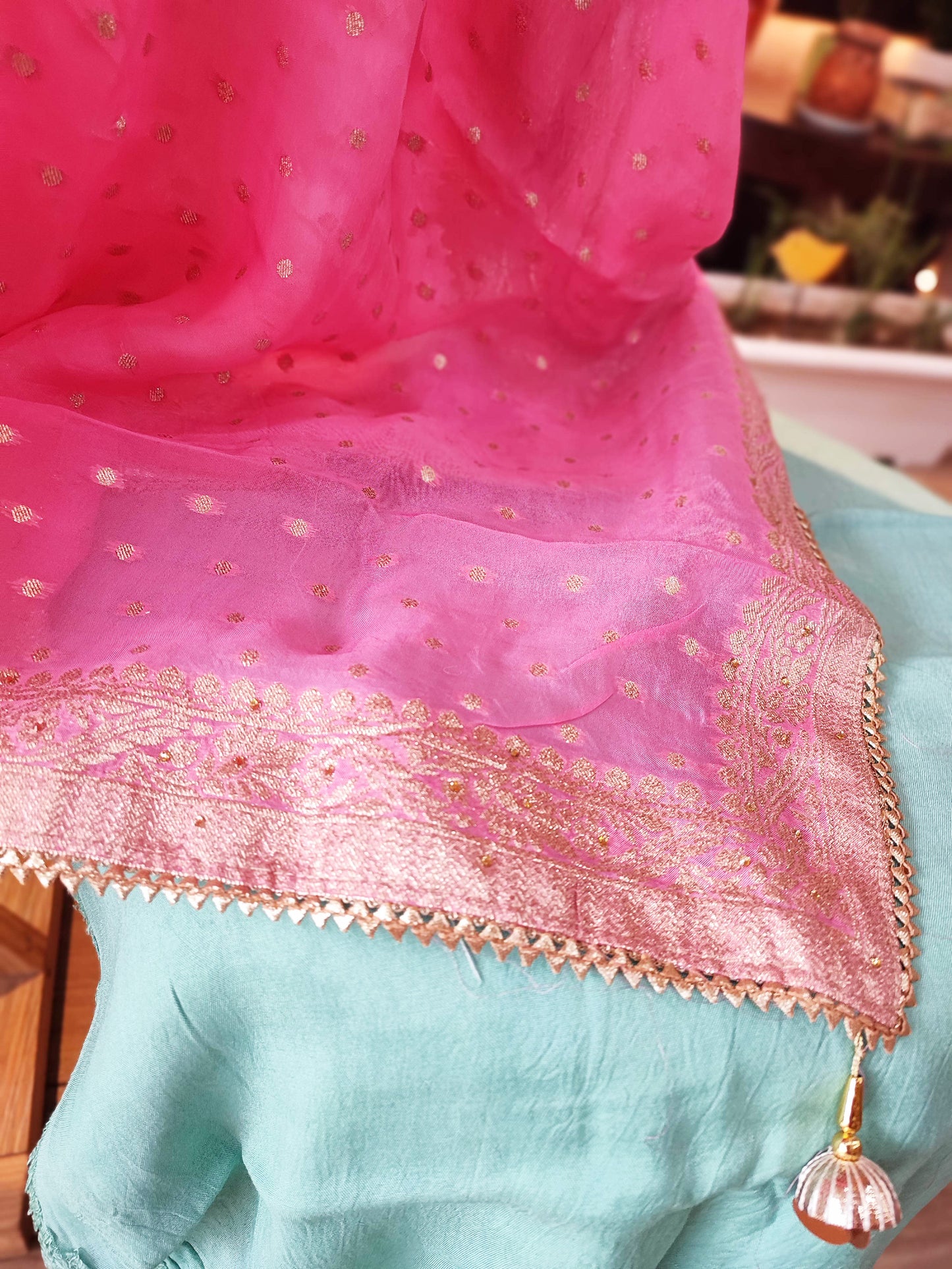 Pistachio Green Dola Banarsi Silk Suit with handwork & Pink Banarsi  Dupatta