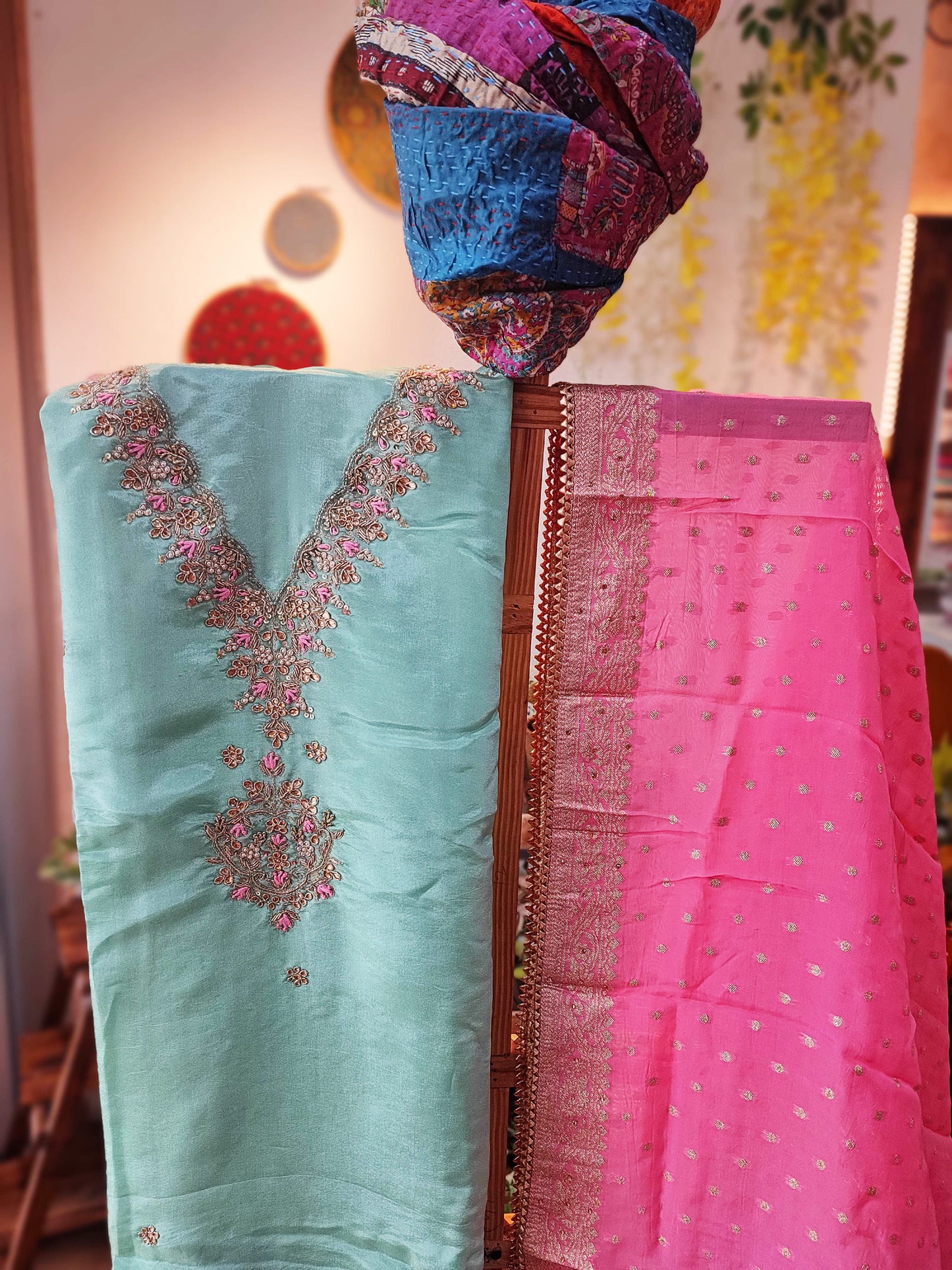 Pistachio Green Dola Banarsi Silk Suit with handwork & Pink Banarsi  Dupatta