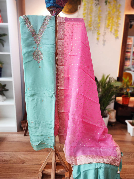 Pistachio Green Dola Banarsi Silk Suit with handwork & Pink Banarsi  Dupatta