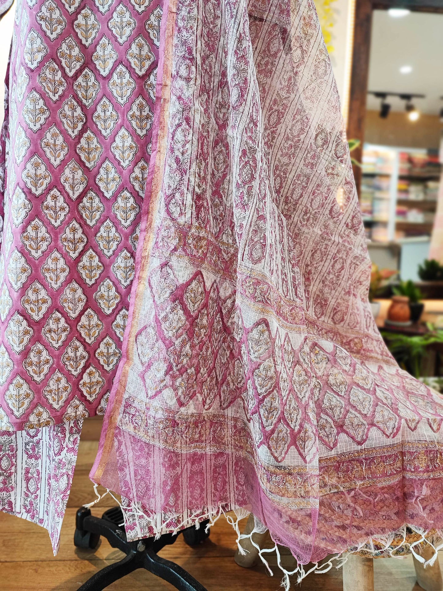 Pink & White Handblock Print Cotton Suit Set With Neck Embroidery