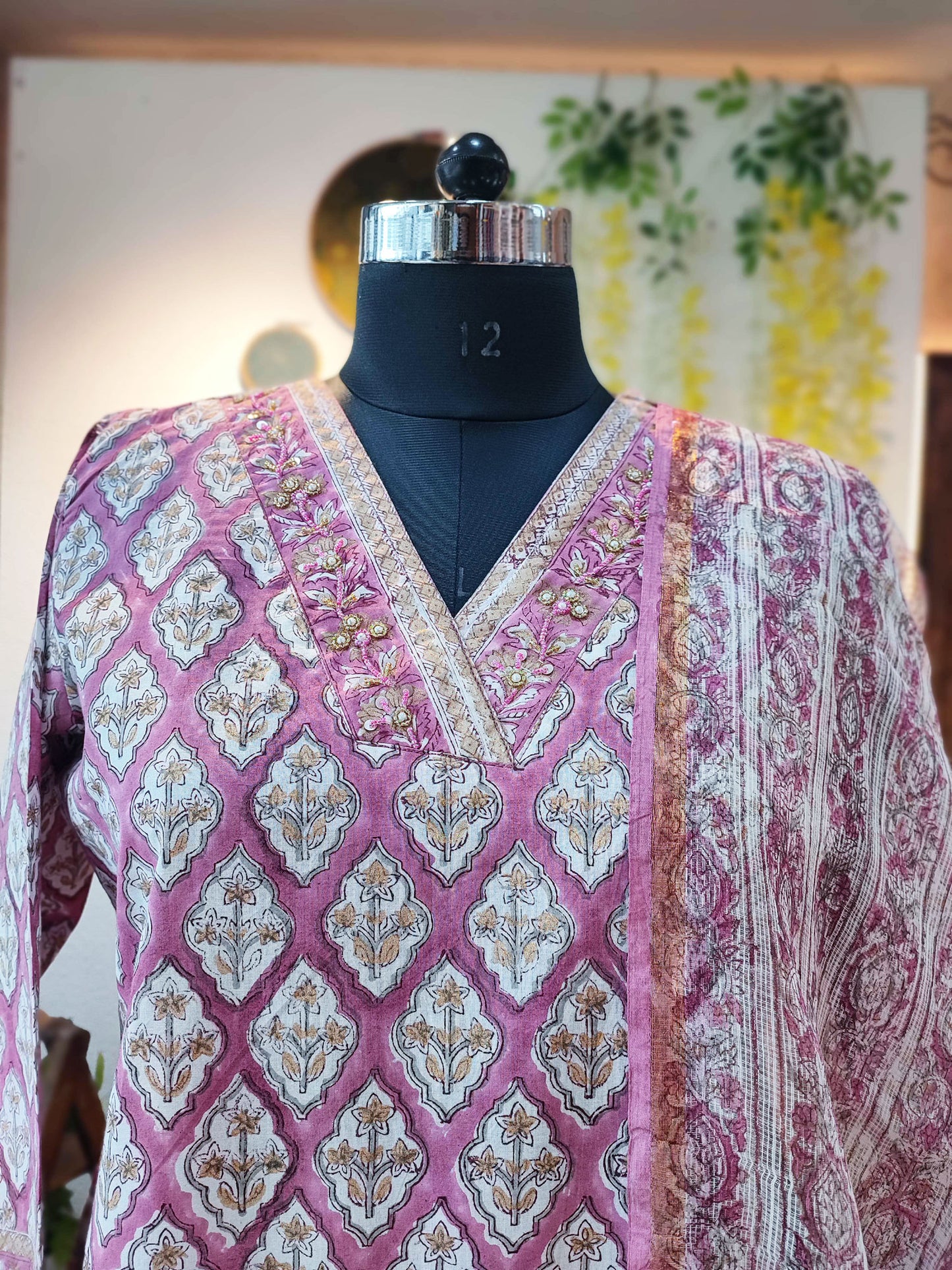 Pink & White Handblock Print Cotton Suit Set With Neck Embroidery