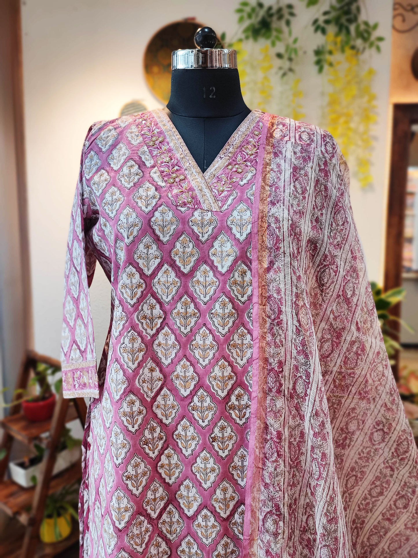 Pink & White Handblock Print Cotton Suit Set With Neck Embroidery