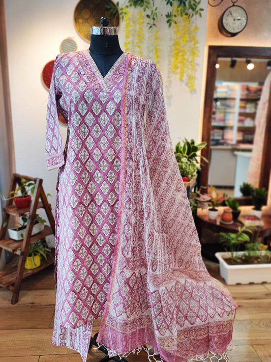 Pink & White Handblock Print Cotton Suit Set With Neck Embroidery