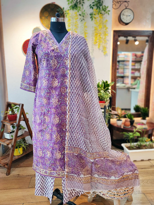 Purple Handblock Print Cotton Suit Set With Neck Embroidery