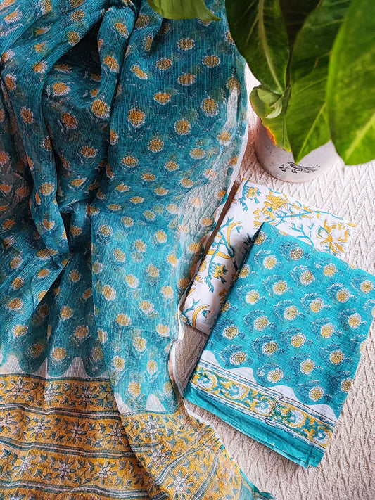 Cyan & Yellow Handblock Printed Kota Suit Set