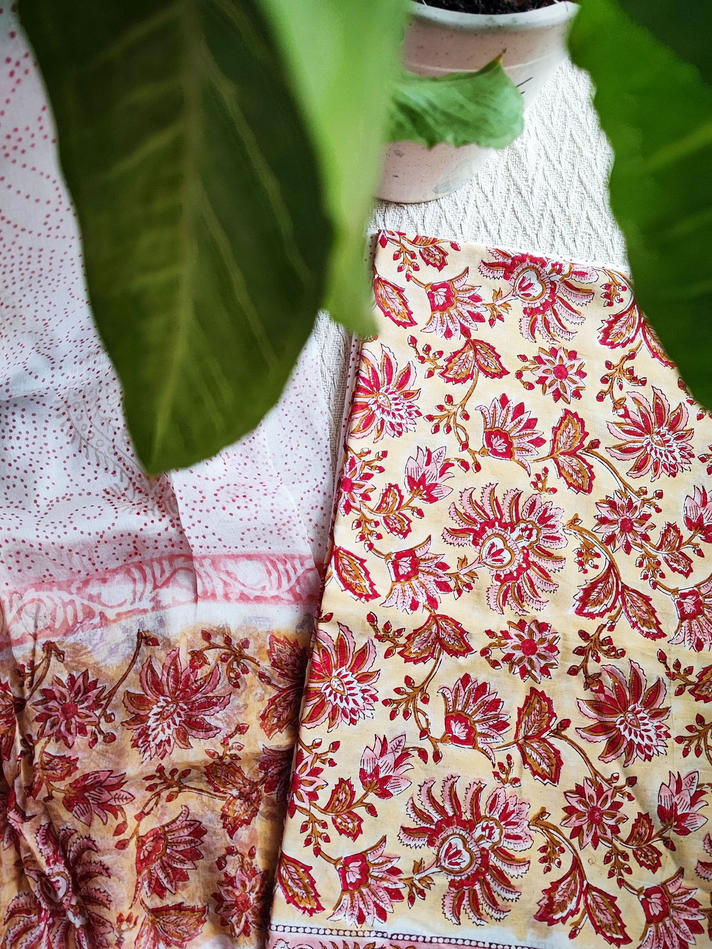 Bright Yellow, Pink & Red Floral Cotton Suit Set with Chiffon Dupatta