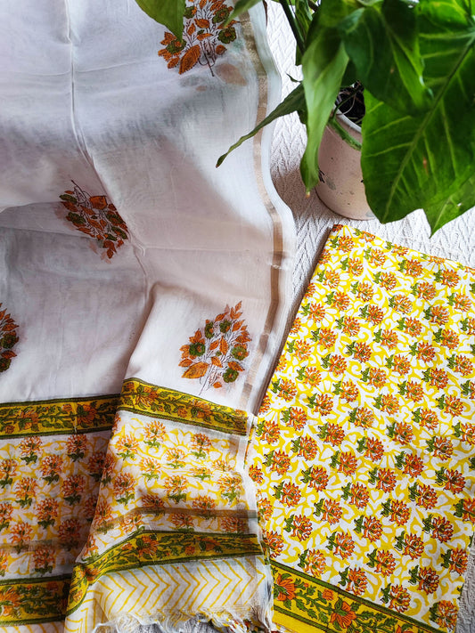 Lemon Yellow & White Floral Cotton Suit Set with Chiffon Dupatta