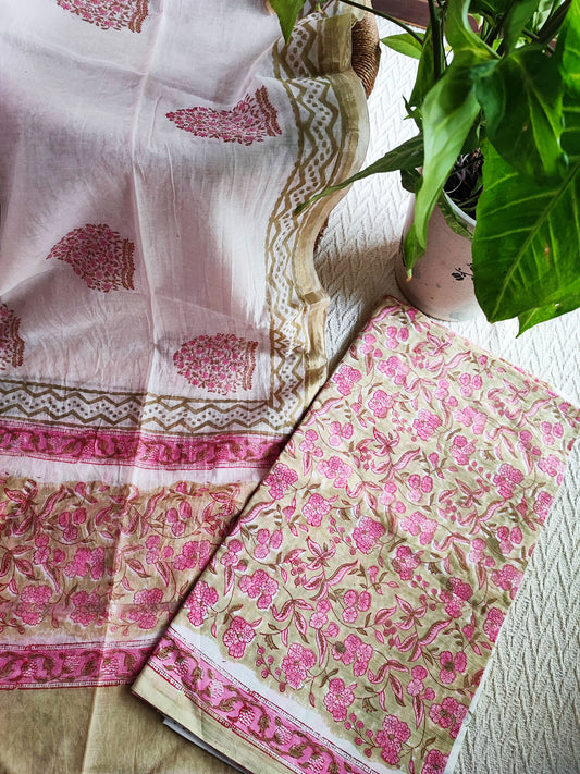 Pink & Beige Floral Cotton Suit Set with Chiffon Dupatta