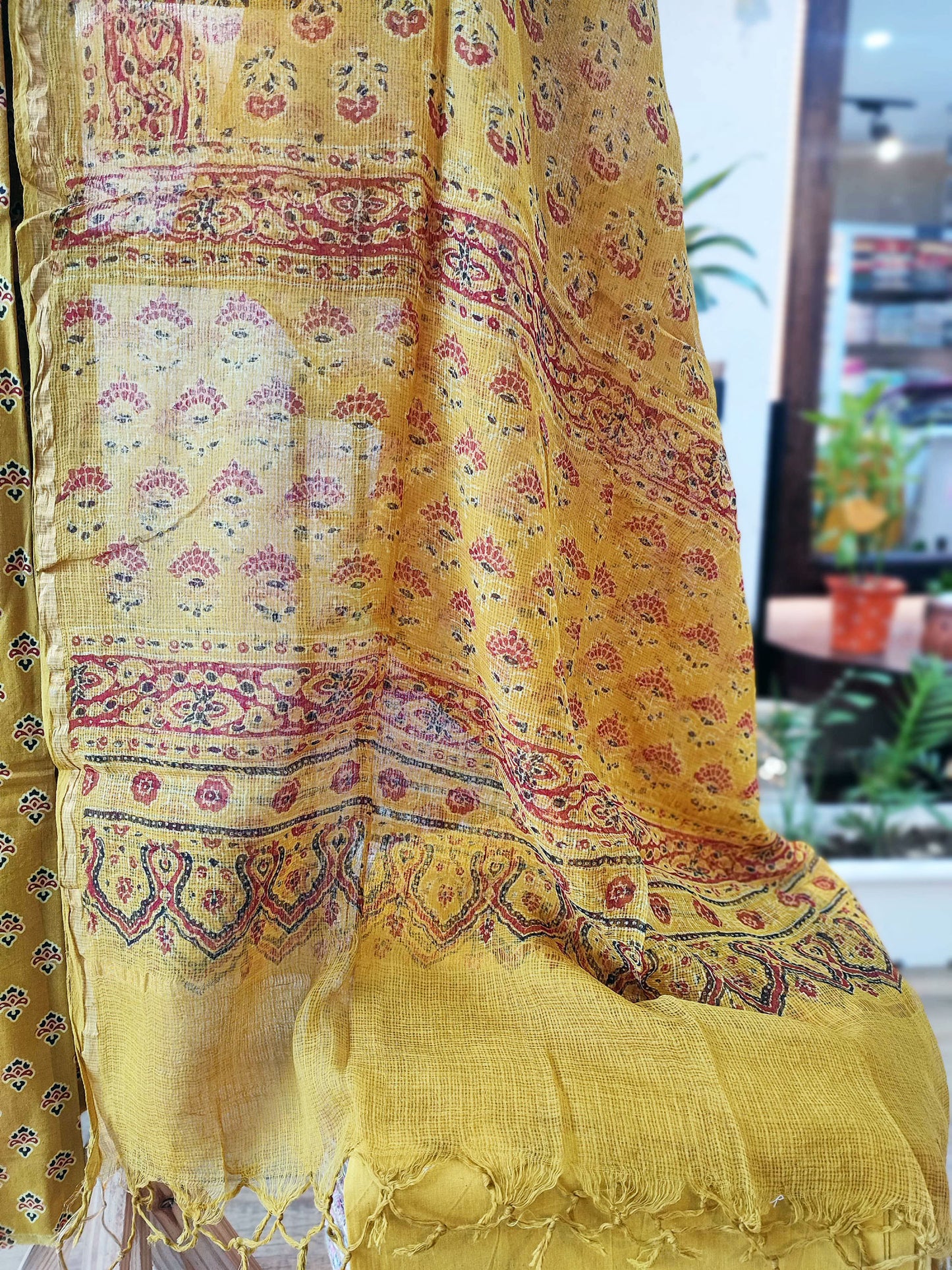 Yellow Ochre Ajrakh Kota Suit With Kota Dupatta