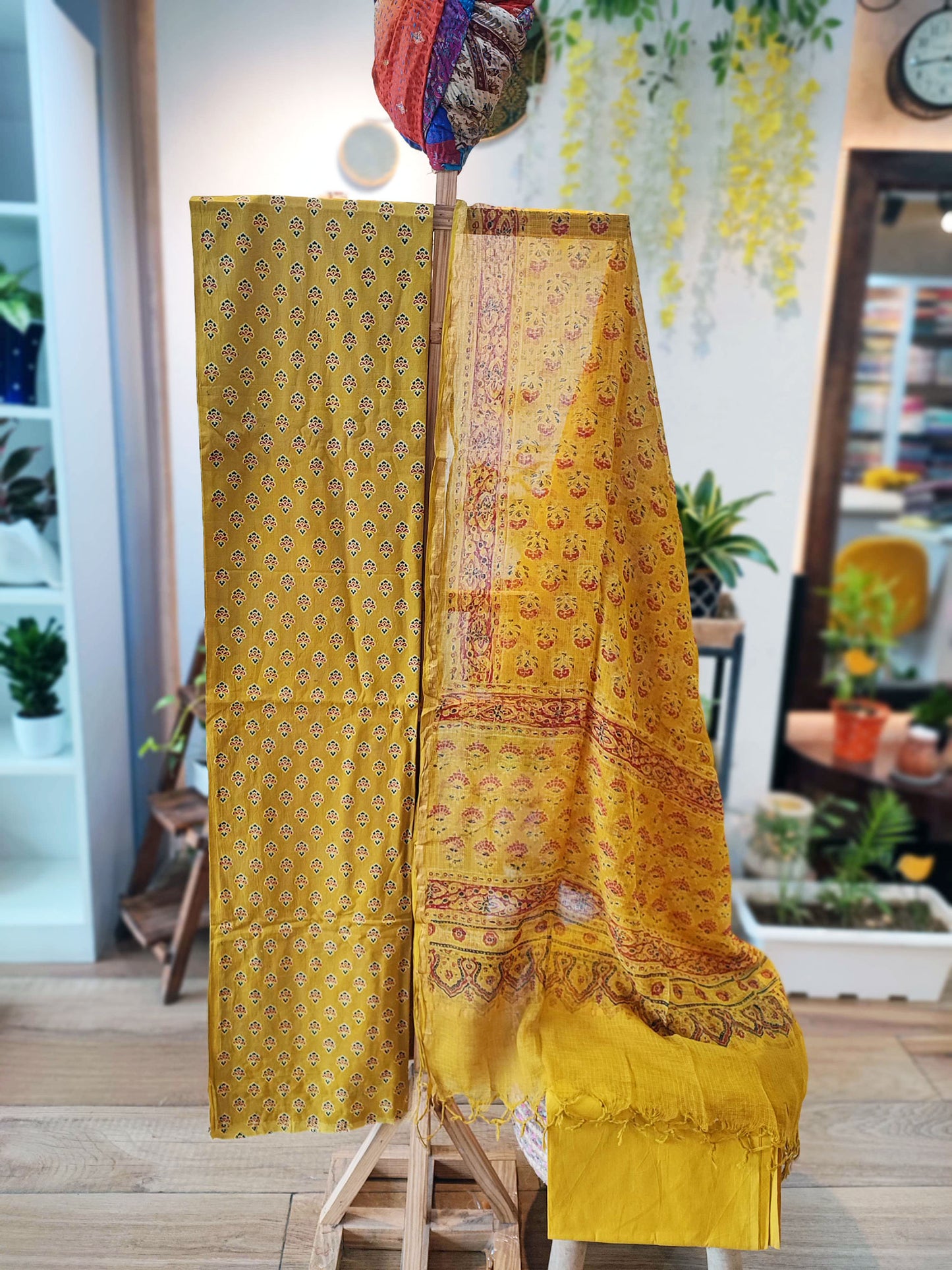 Yellow Ochre Ajrakh Kota Suit With Kota Dupatta