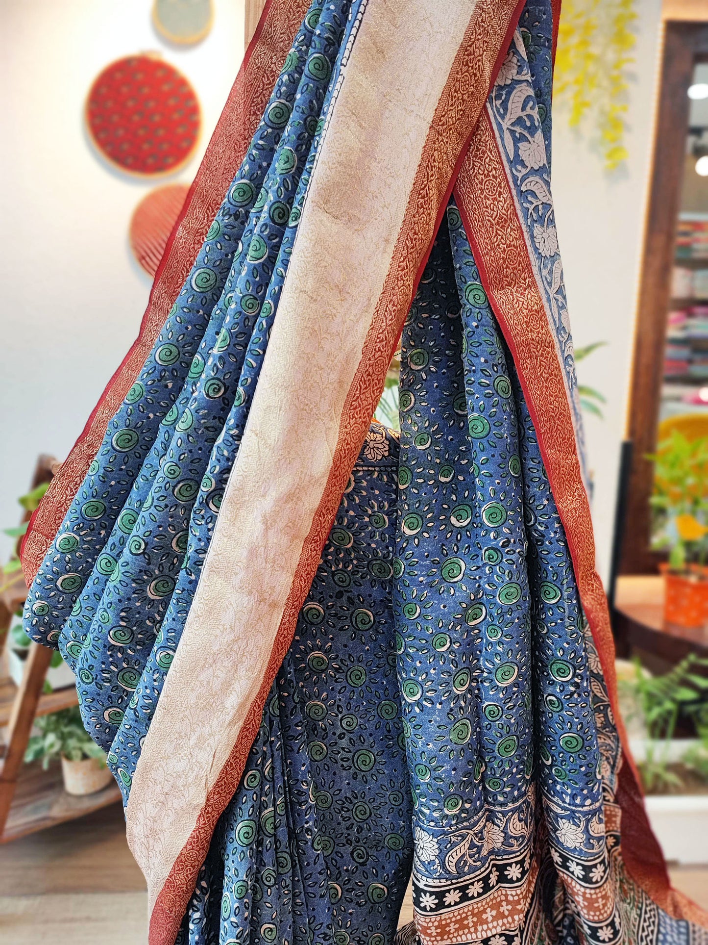 Blue & Red Chiffon Saree With Crepe Blouse