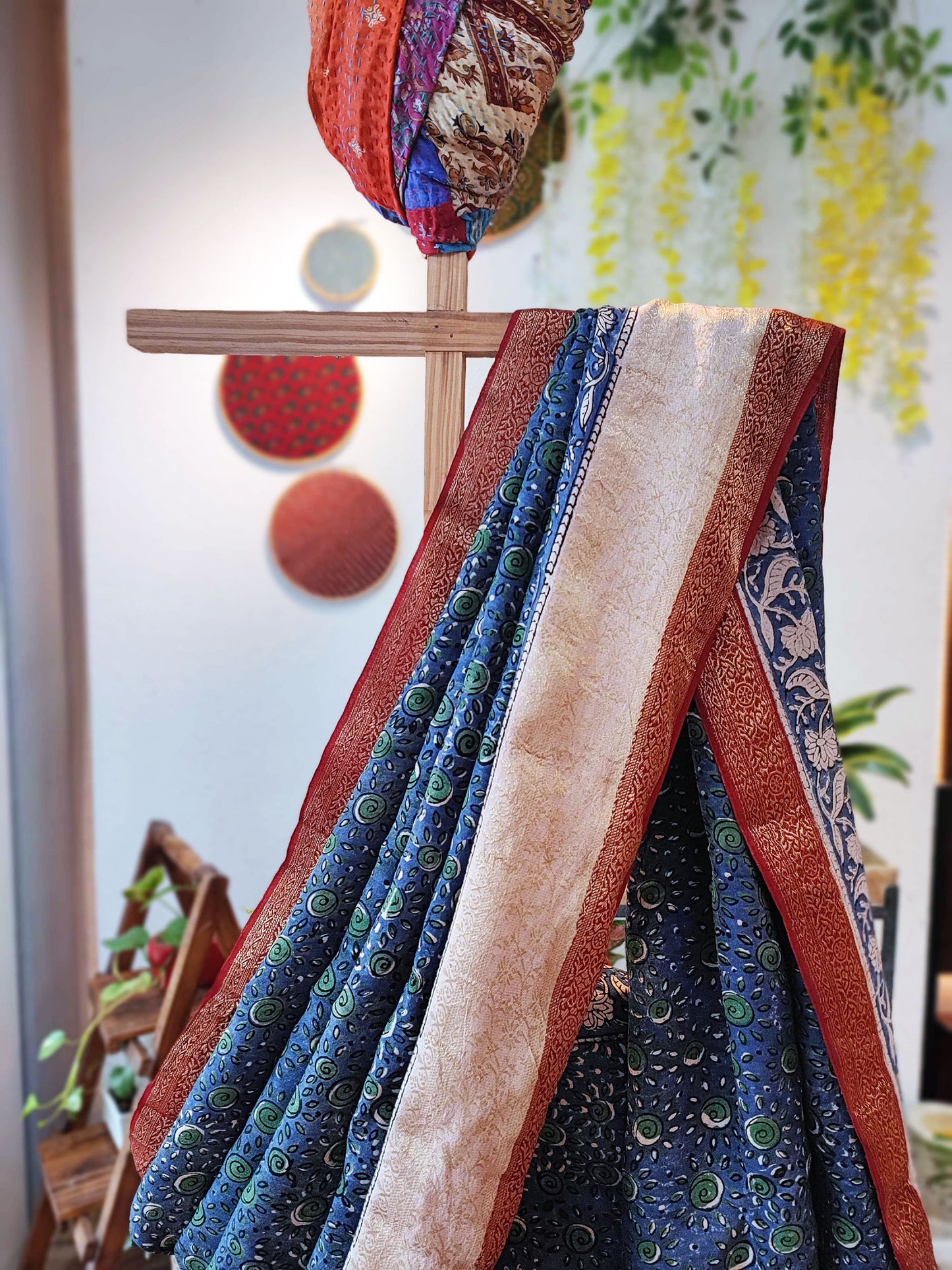 Blue & Red Chiffon Saree With Crepe Blouse