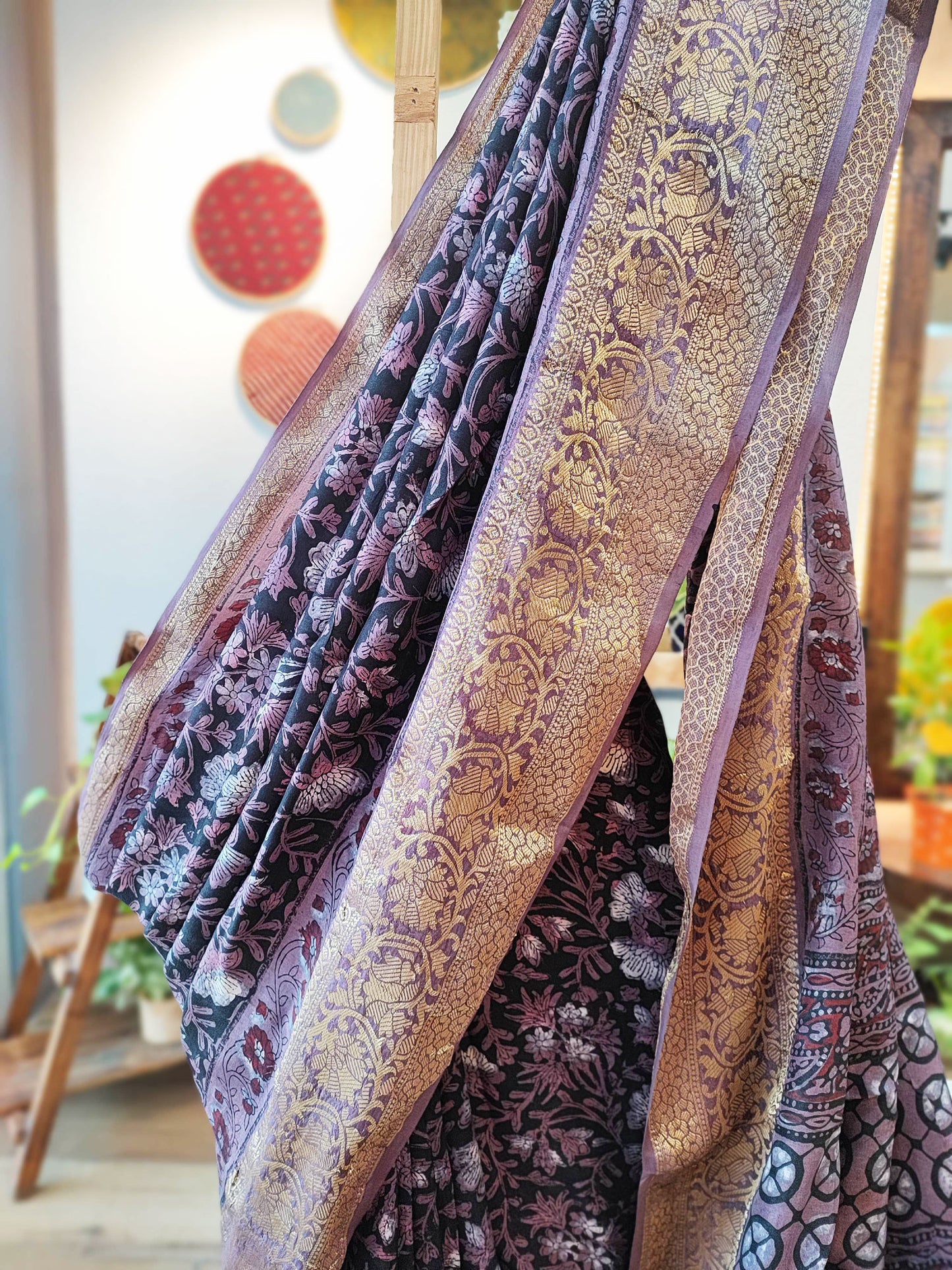 Black & Purple Chiffon Saree With Golden Border & Crepe Blouse