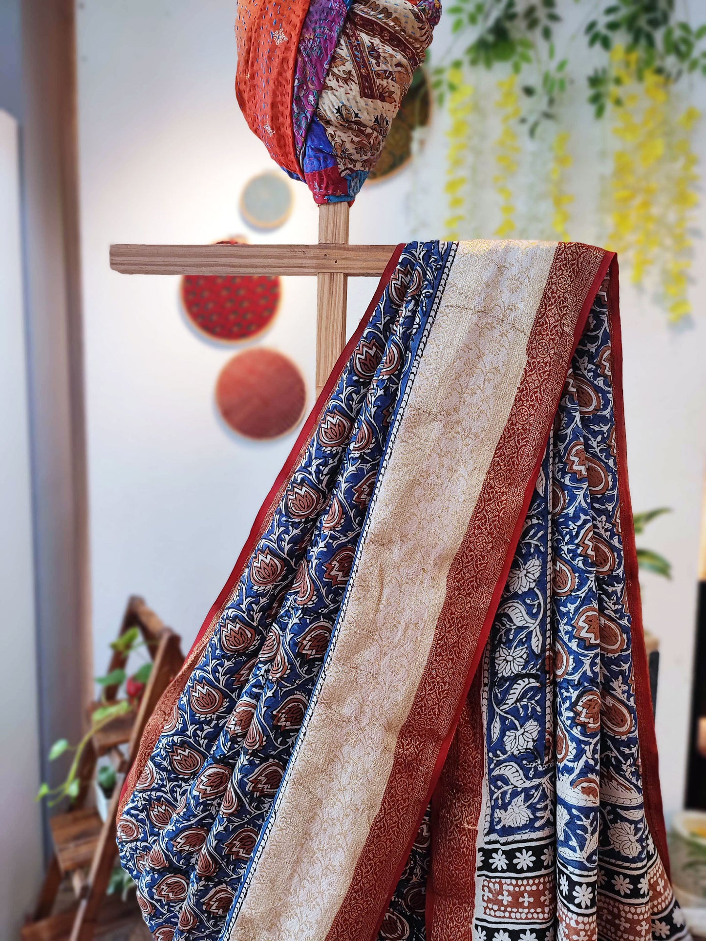 Blue & Red Chiffon Saree With Crepe Blouse