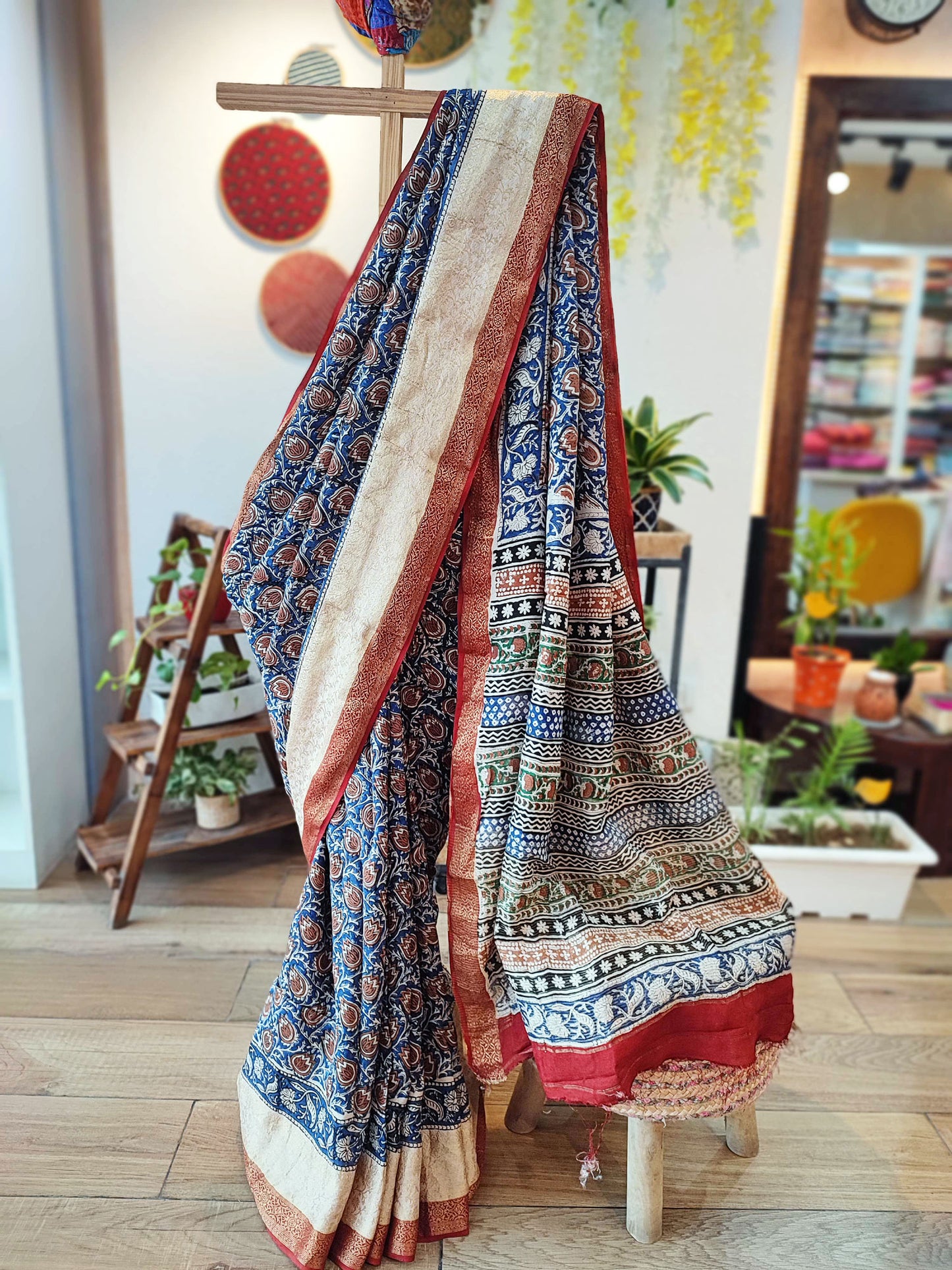 Blue & Red Chiffon Saree With Crepe Blouse