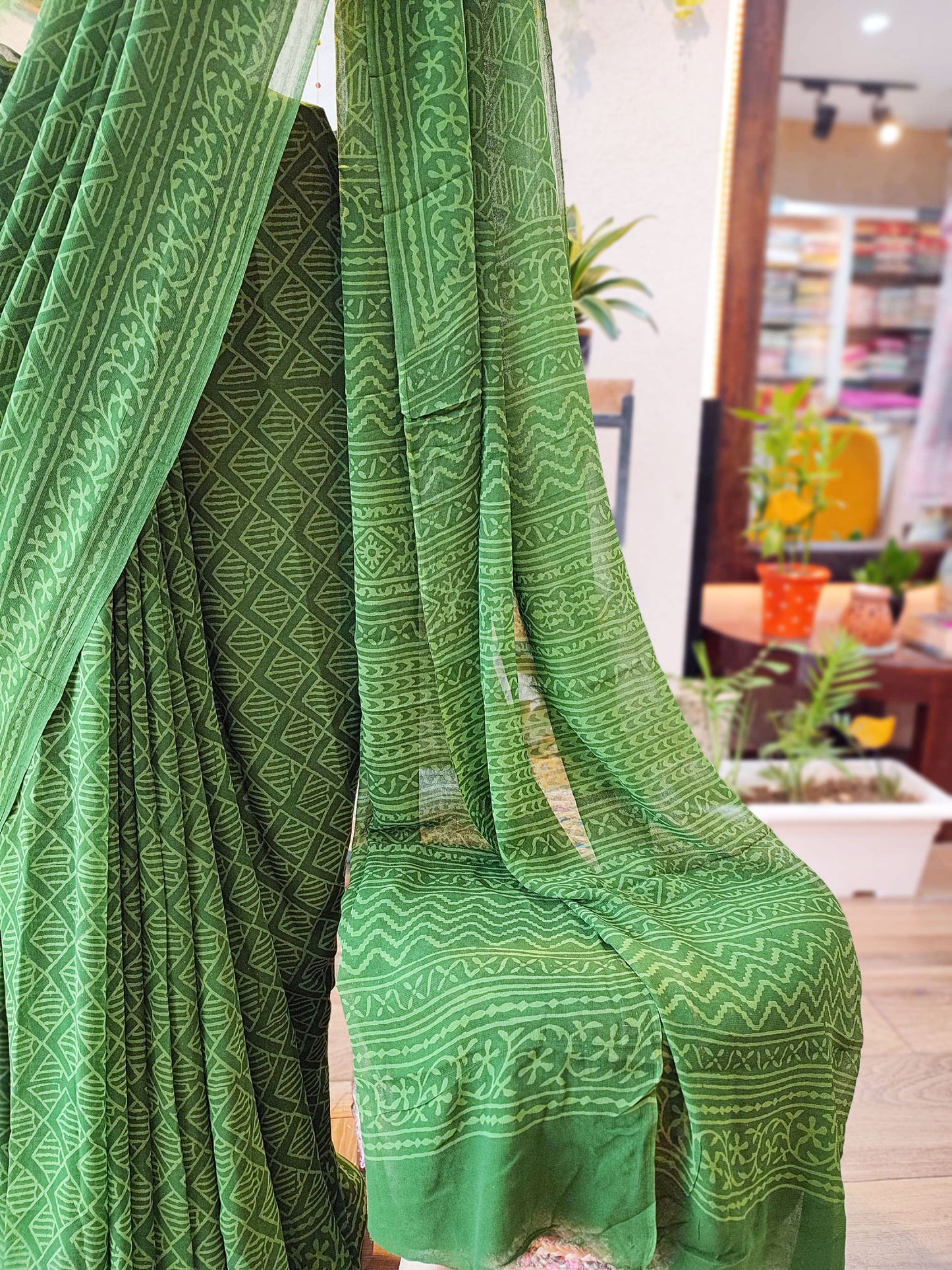 Basil Green Chiffon Saree With Crepe Blouse