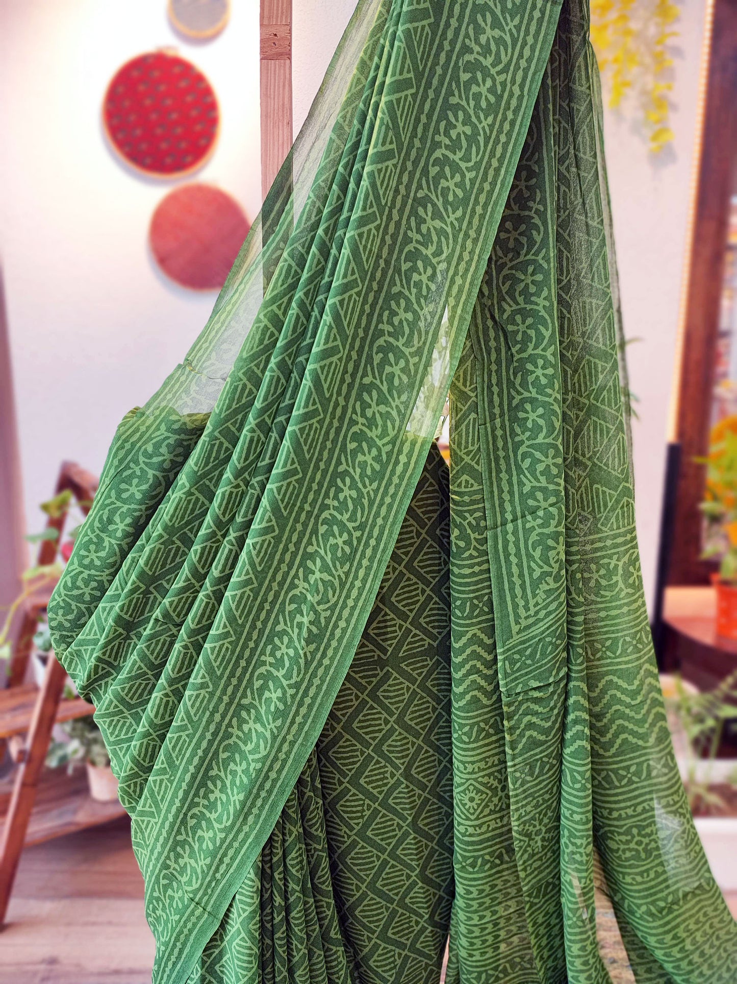 Basil Green Chiffon Saree With Crepe Blouse