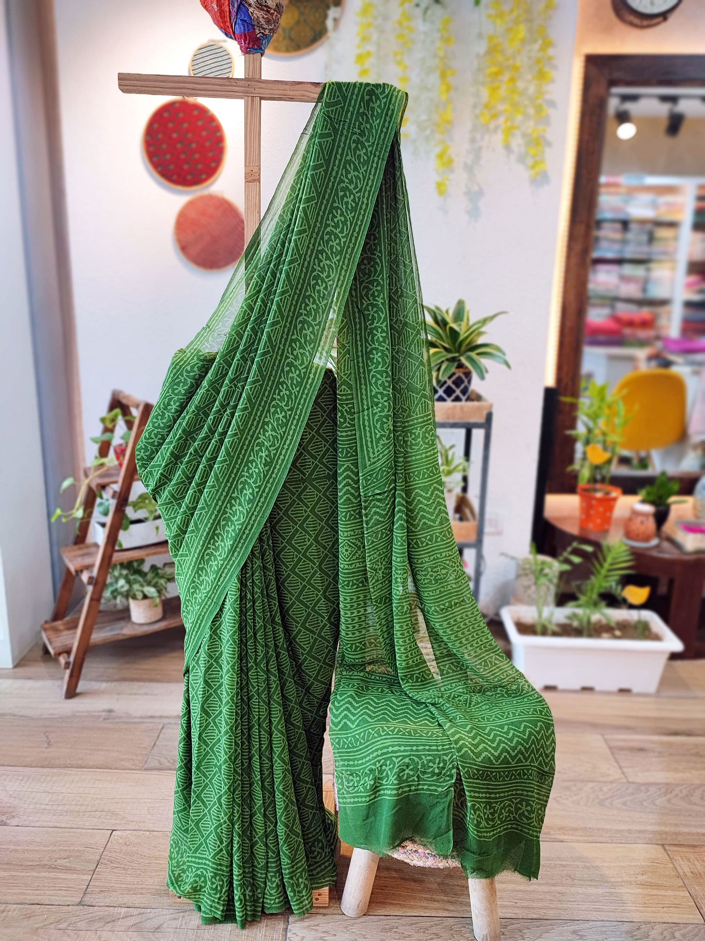 Basil Green Chiffon Saree With Crepe Blouse