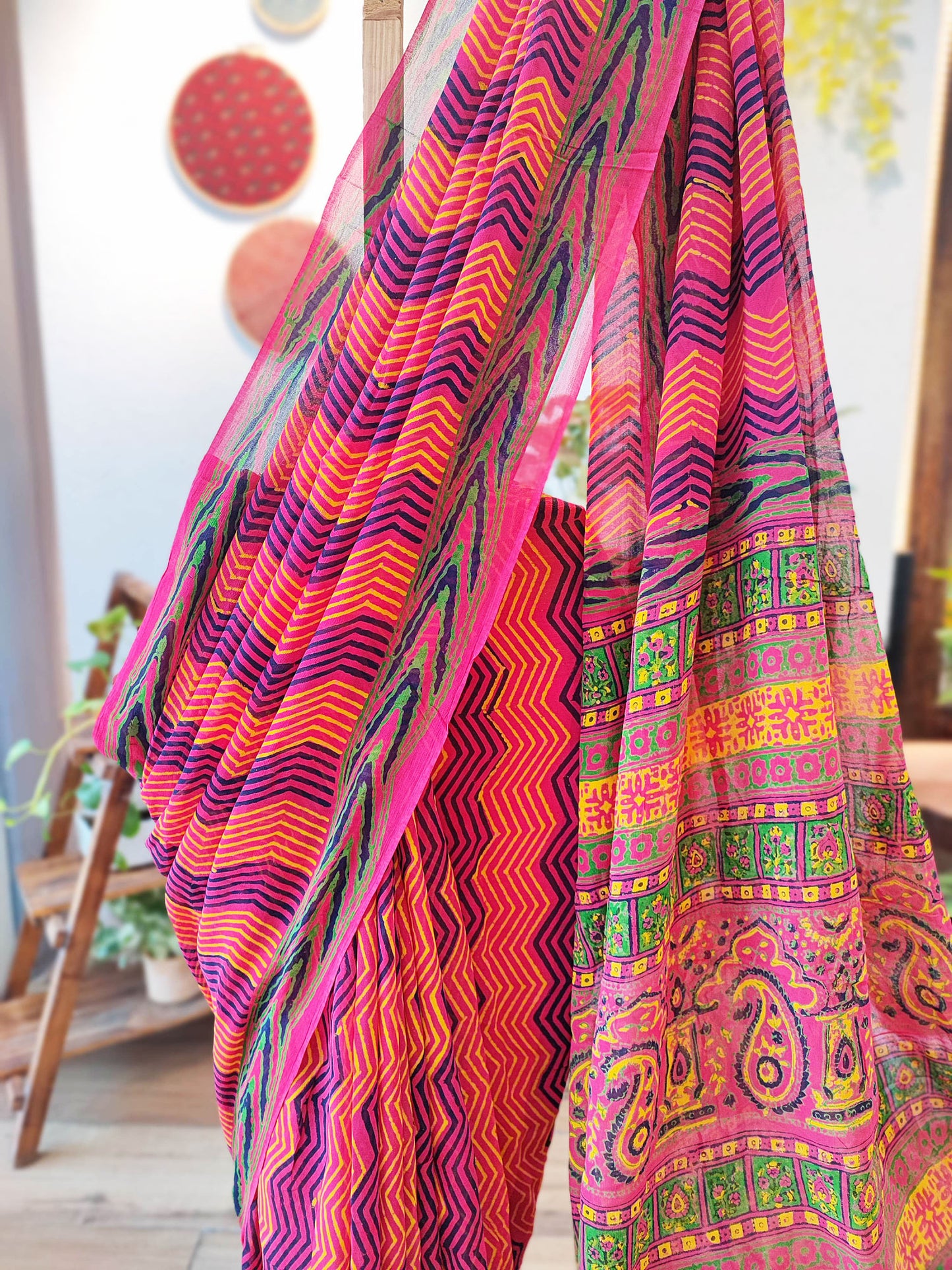 Pink & Purple Chiffon Saree With Crepe Blouse