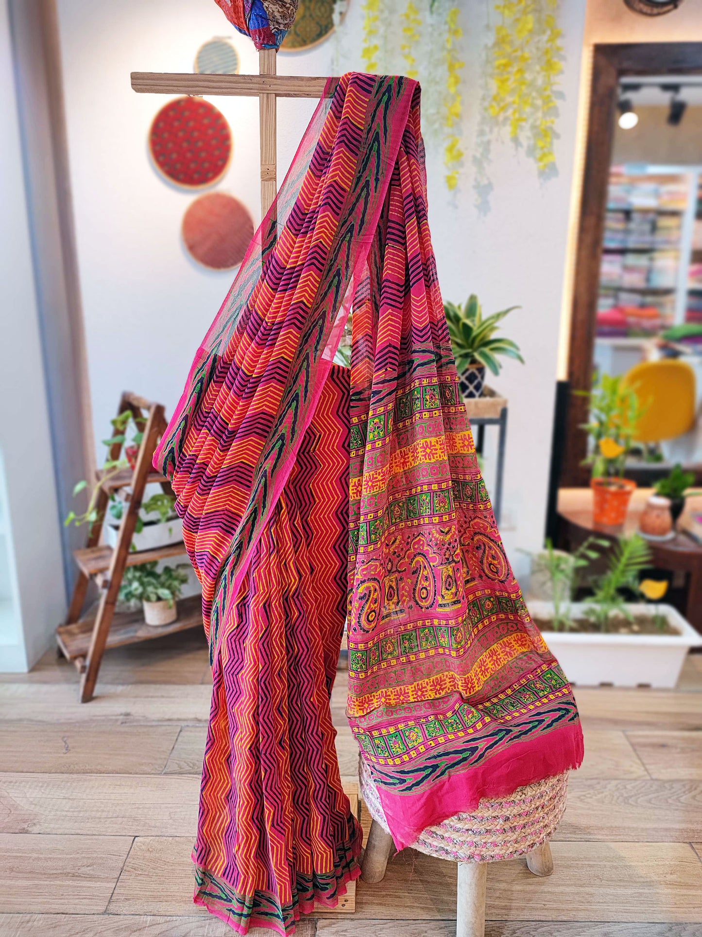 Pink & Purple Chiffon Saree With Crepe Blouse