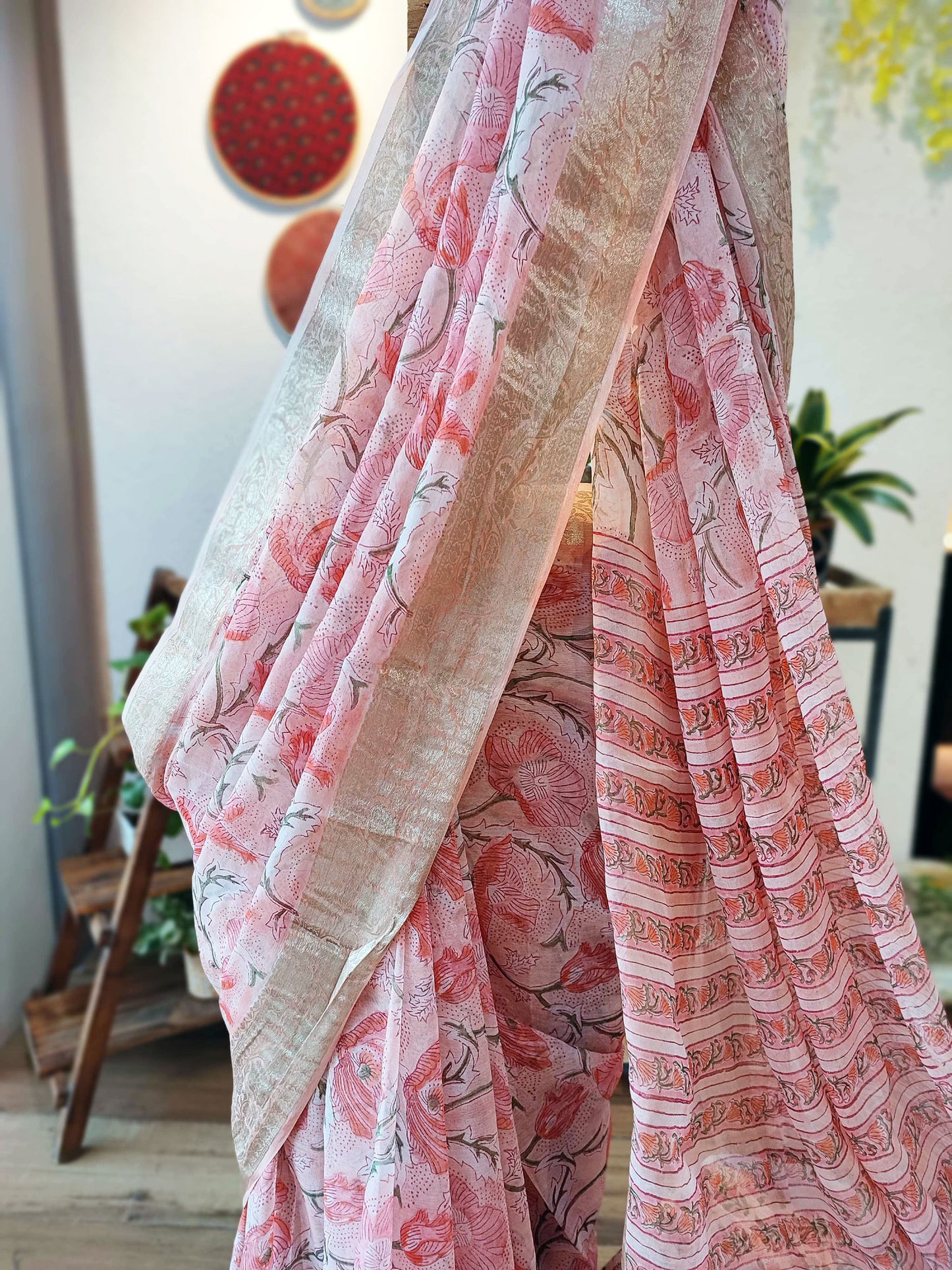 Baby Pink & Peach Chiffon Saree With Crepe Blouse