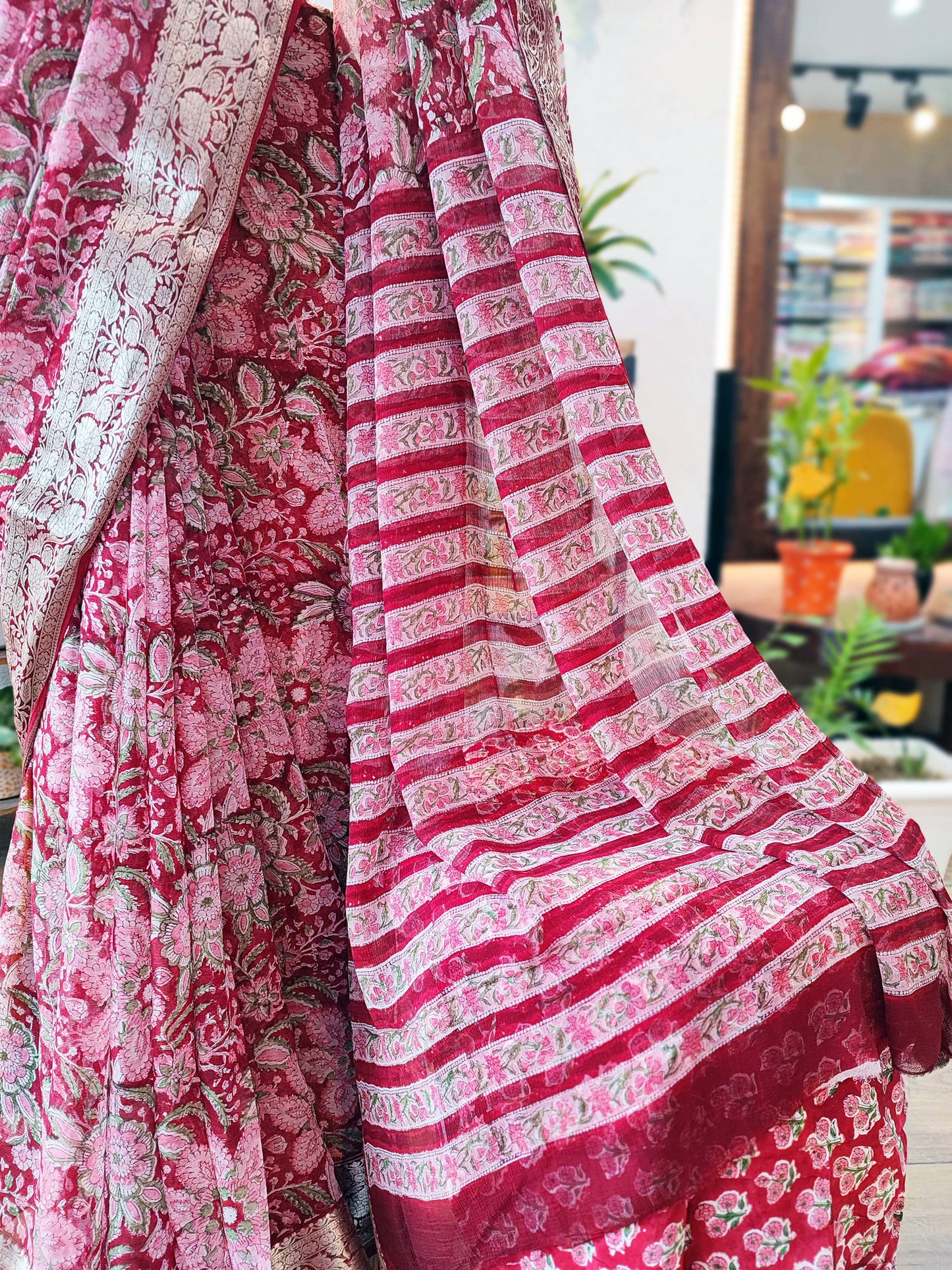 Red & Pink Chiffon Saree With Golden Border & Crepe Blouse