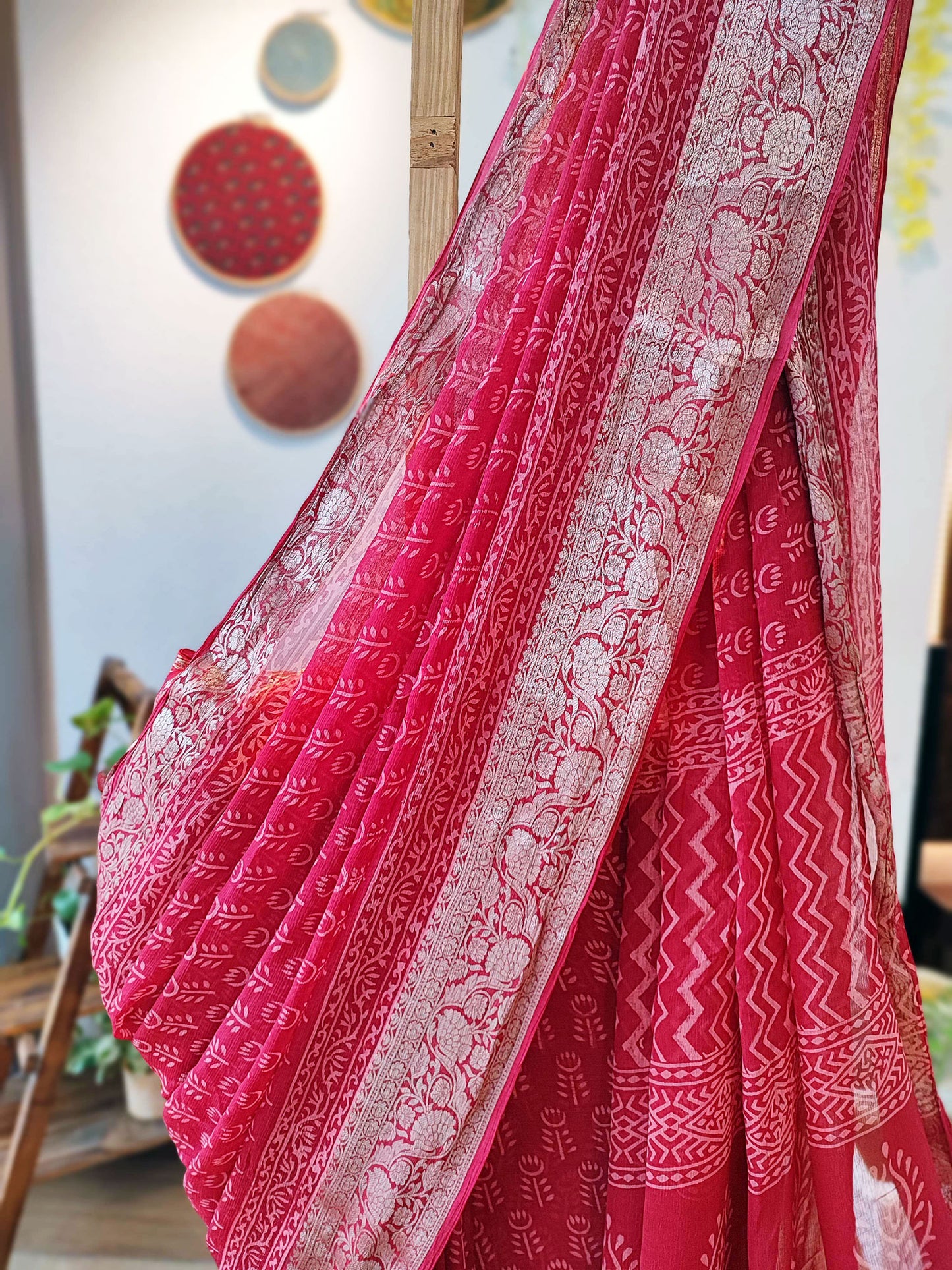 Crimson Chiffon Saree With Silver Border & Crepe Blouse