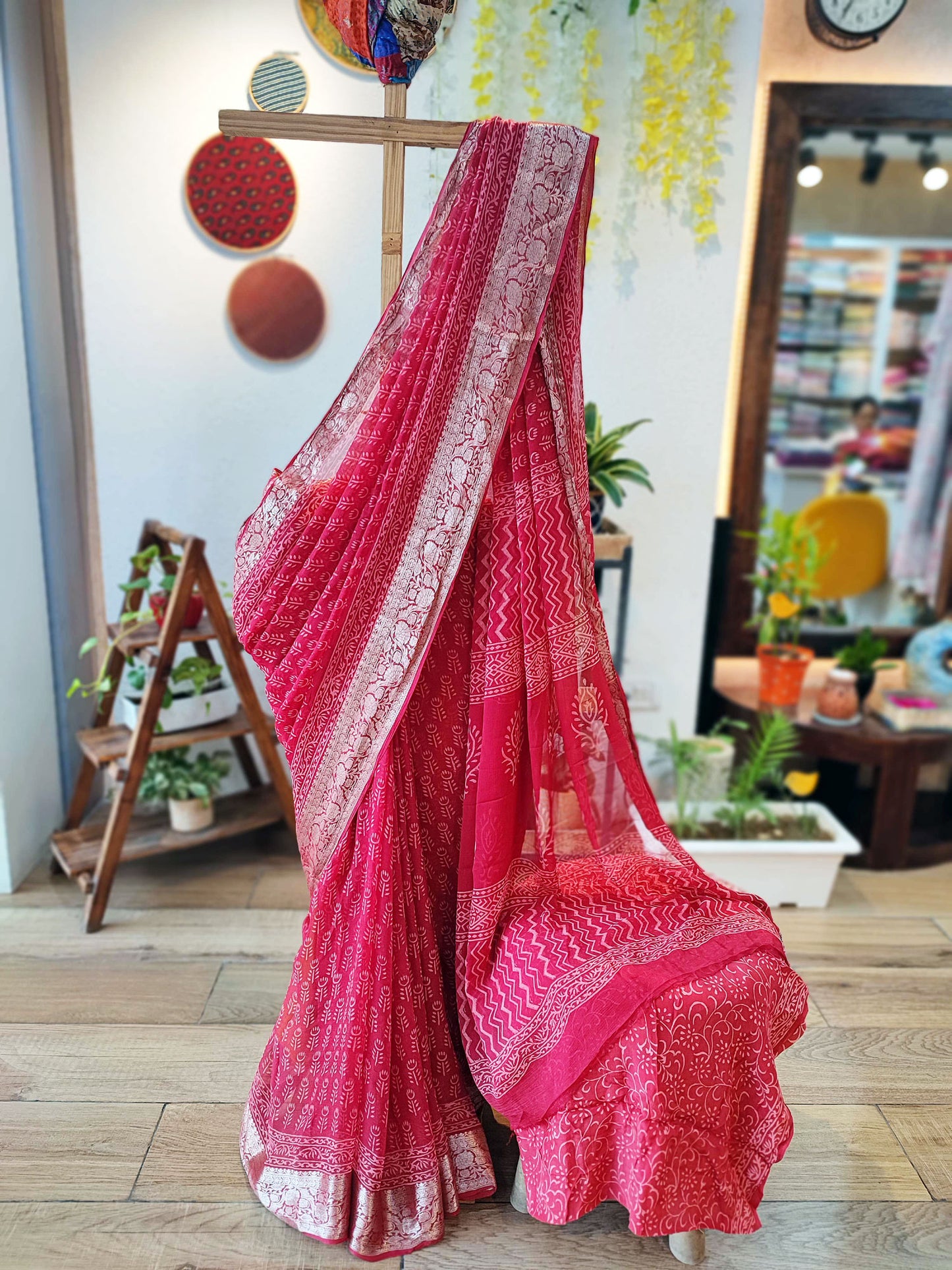 Crimson Chiffon Saree With Silver Border & Crepe Blouse