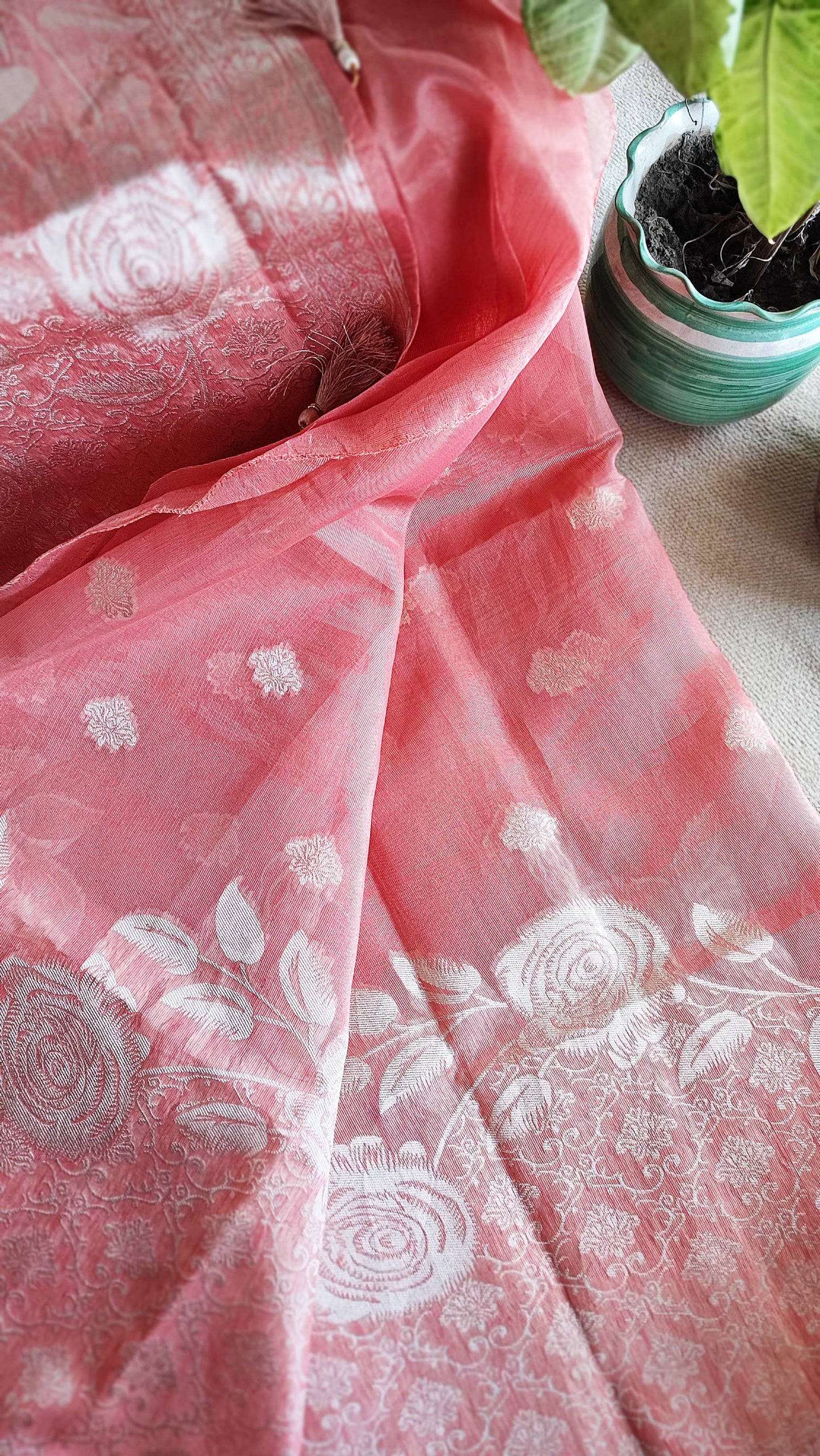 Coral Pink Cotton by Silk Saree with Weaved Pallu and Border