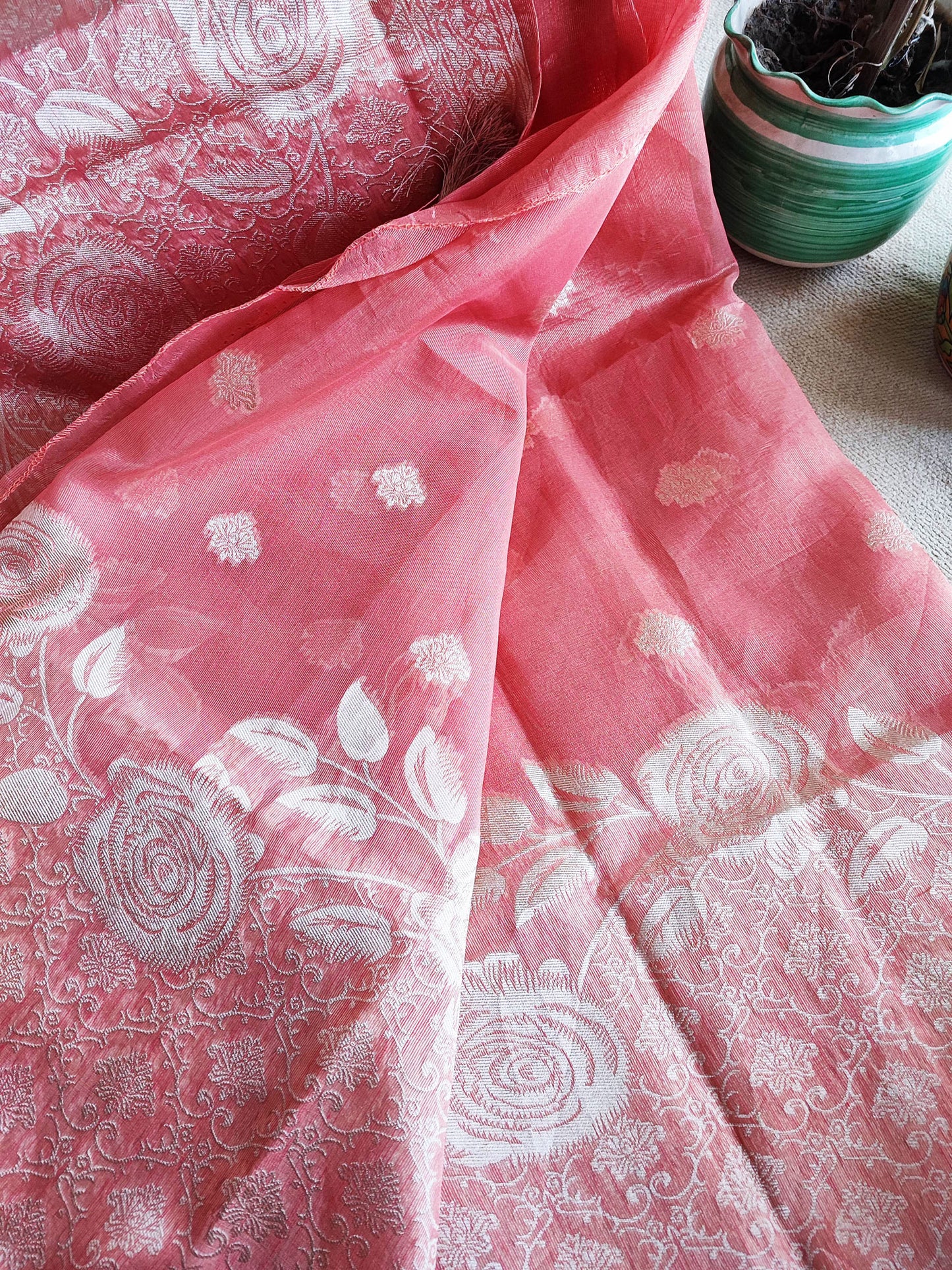 Coral Pink Cotton by Silk Saree with Weaved Pallu and Border