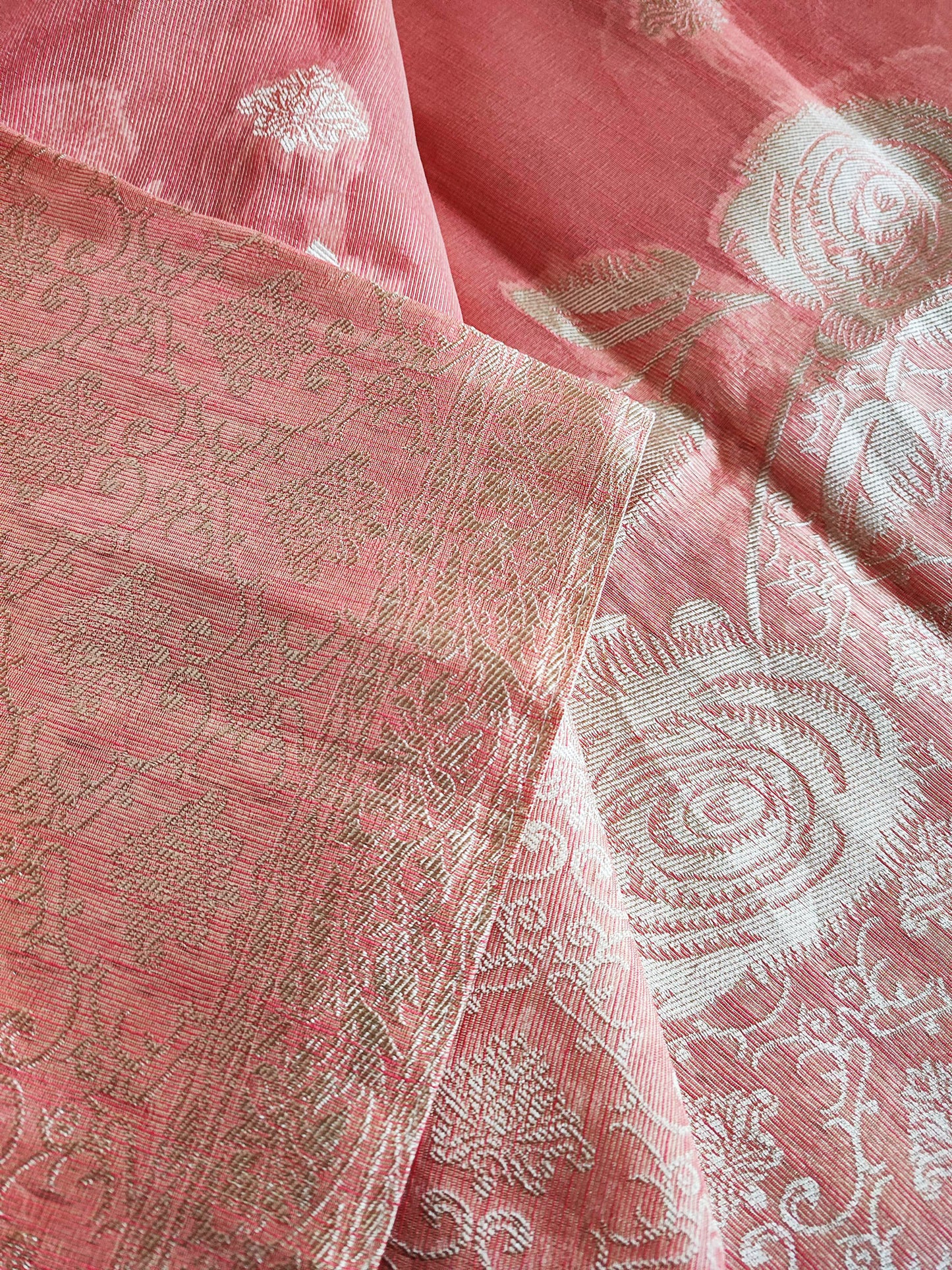 Coral Pink Cotton by Silk Saree with Weaved Pallu and Border