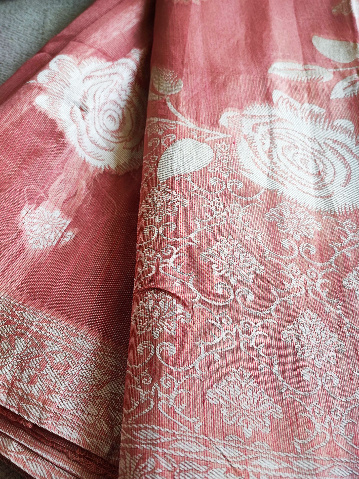 Coral Pink Cotton by Silk Saree with Weaved Pallu and Border