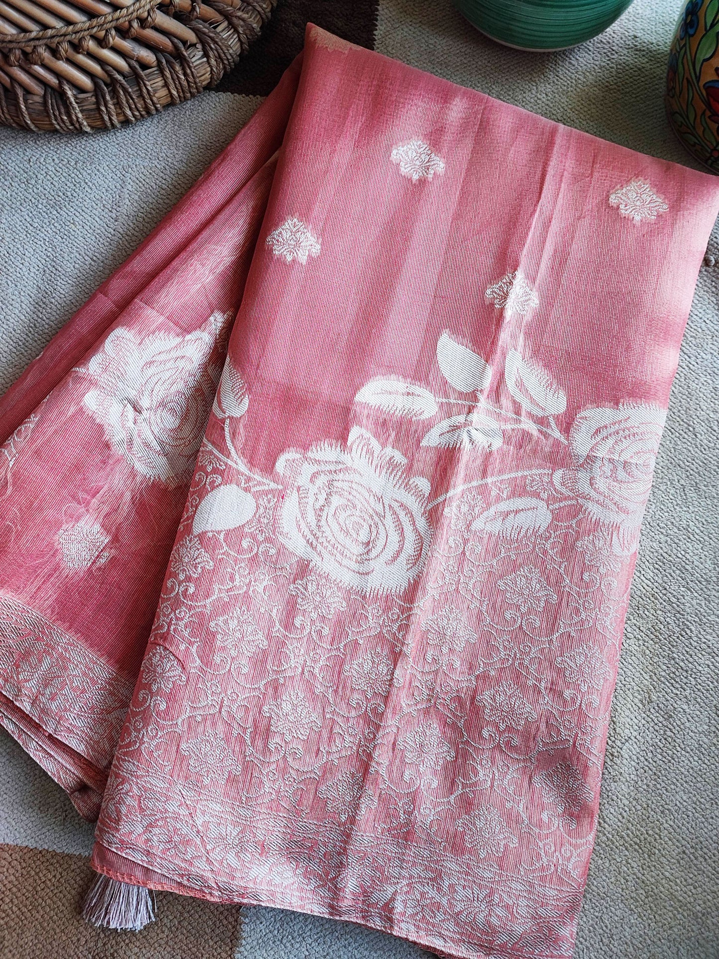 Coral Pink Cotton by Silk Saree with Weaved Pallu and Border